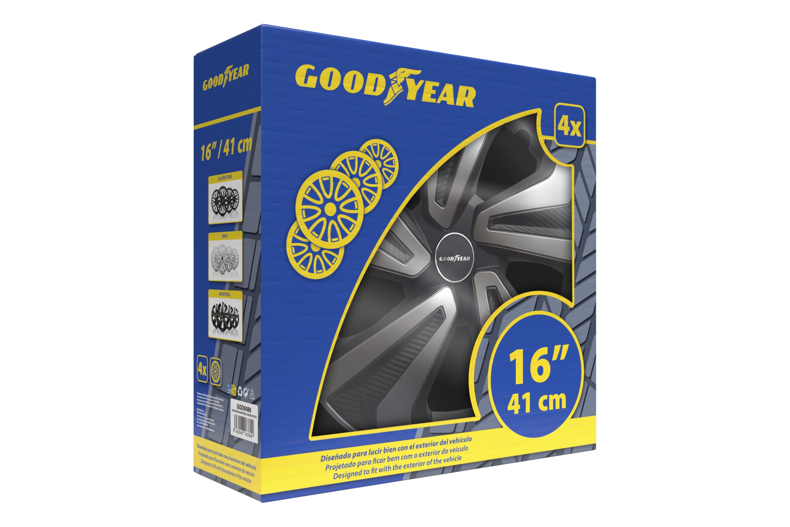 Goodyear Jeu de 4 enjoliveurs de 16 Pouces modèle Montréal Noir/Argent. Design Sportif Qui s'harmonise Bien avec l'extérieur du véhicule. Construction Robuste et Durable.