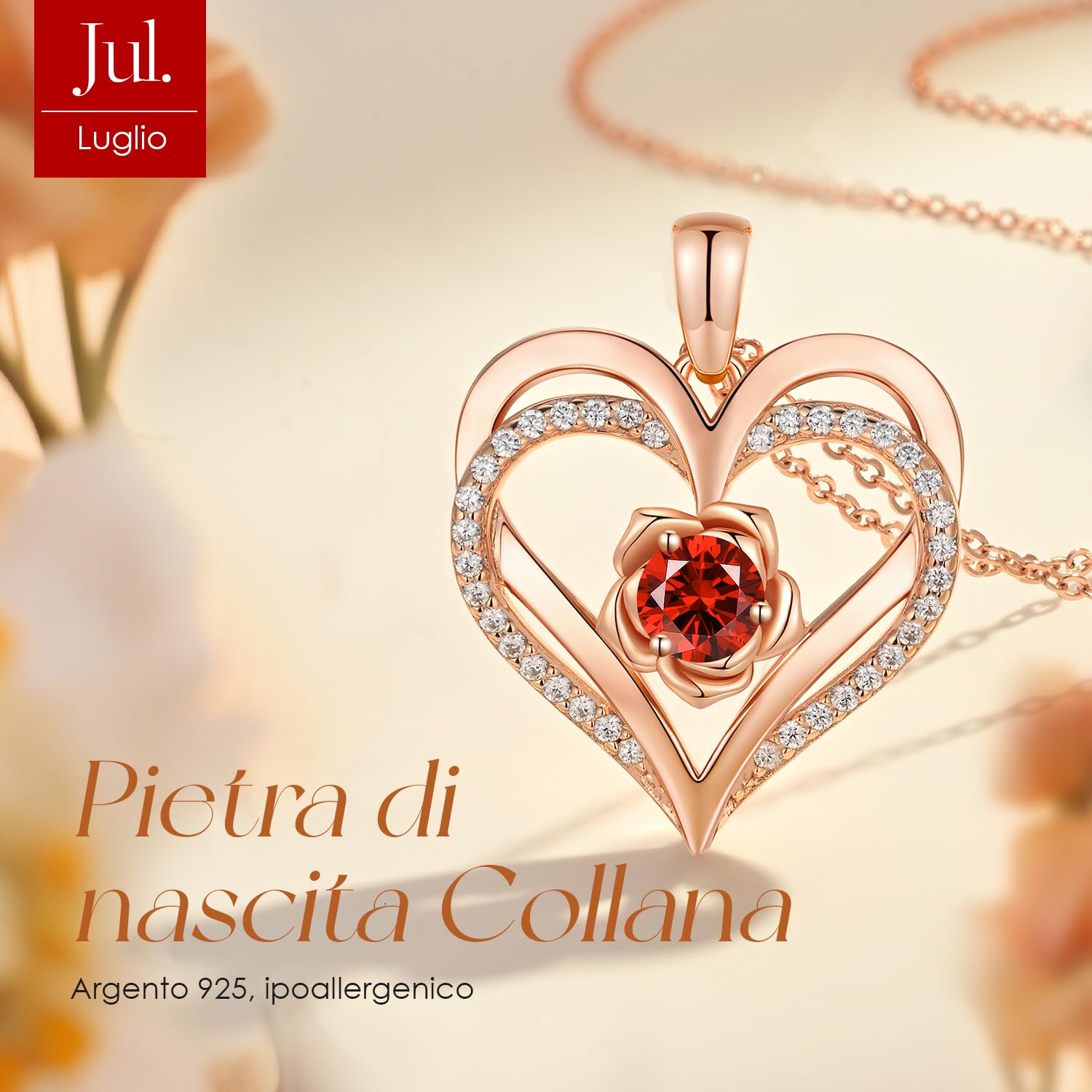 CDE Collana Donna Argento 925 Collana in Cuore, Pietra di nascita Rosé Fiore Collana in Oro, Rosa Gioielli Donna Regalo Valentin’s Day Natale Compleanno