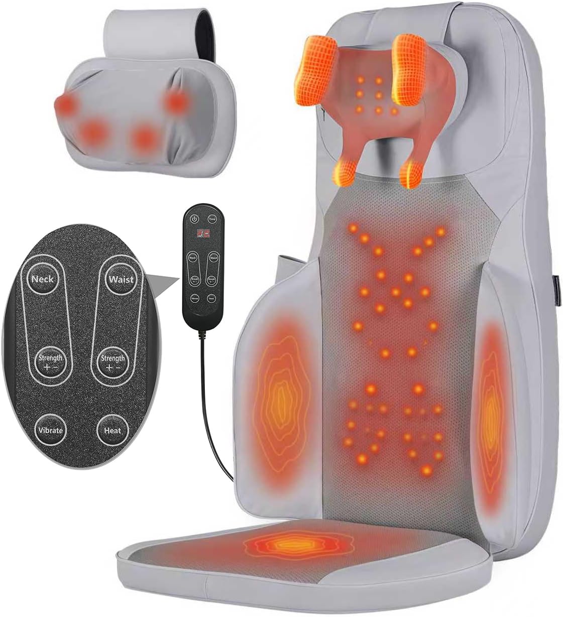 Shiatsu Neck and Back Massager with Heat - 3D Kneading & Vibration Full-Back Massage Cushion to Ease Muscle Stiffness, Adjustable Intensity & Height for Office Chair, Home Use (Light Grey)