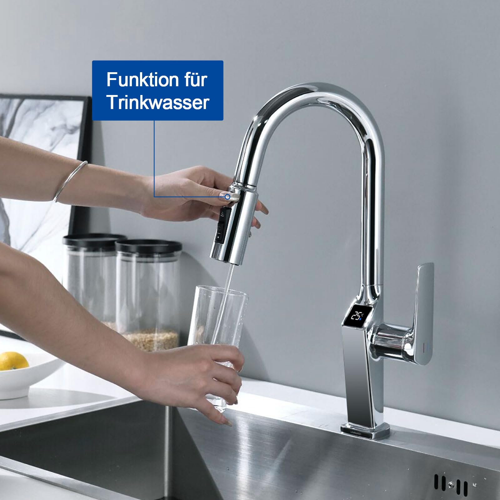 LakeBayMZC Rubinetto da cucina a 3 vie,con indicatore di temperatura a LED,miscelatore 3 in 1 per filtro dell'acqua,girevole a 360°,cromato
