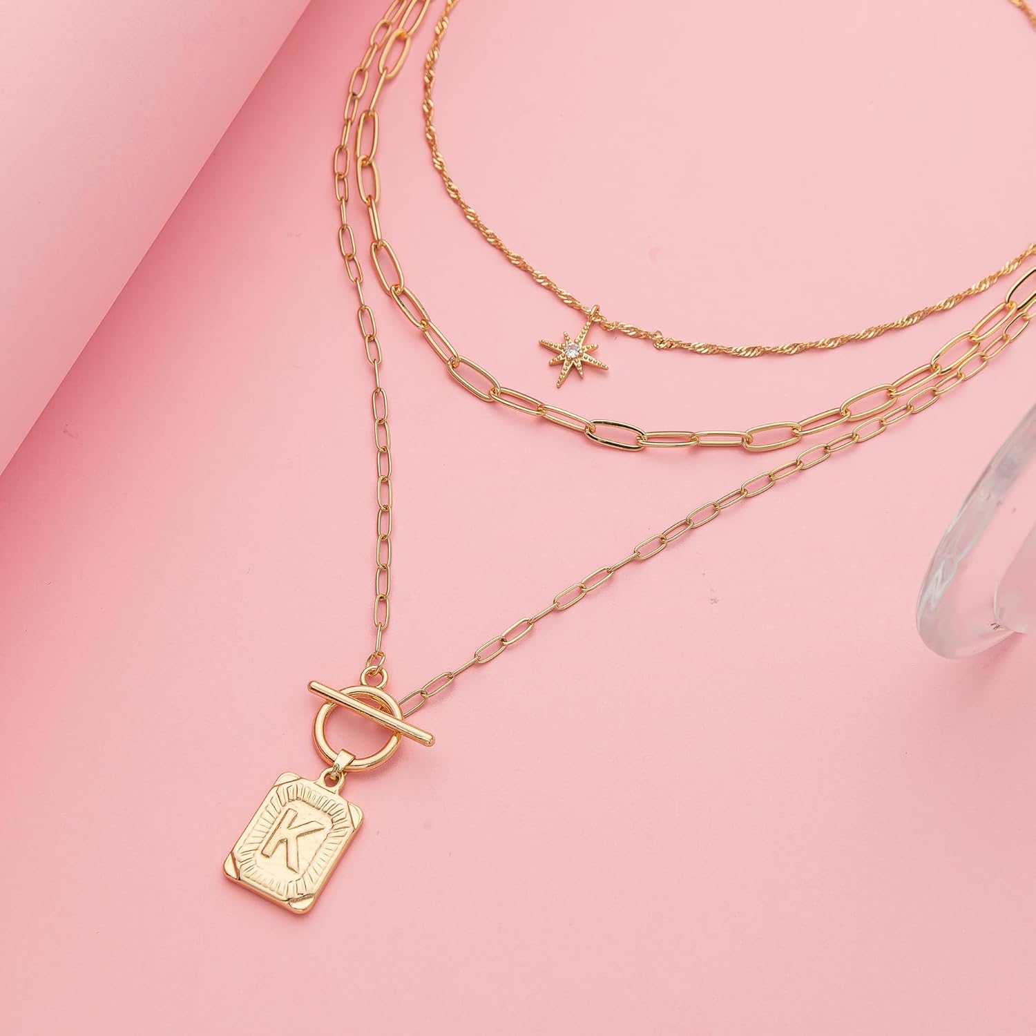 Dainty Gold 3-Layer Personalized Initial Necklace for Women - 18K Gold Layered Letter Pendant Necklace Adjustble Paperclip Chain Choker Necklace Jewelry Gifts with Star Charm - Image 5