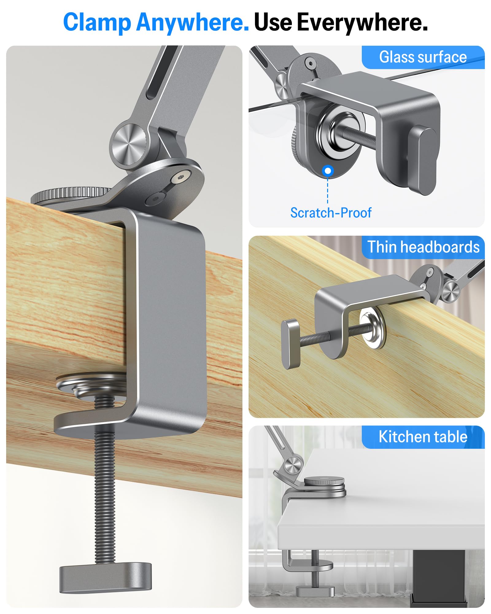 OMOTON Supporto per tablet regolabile per scrivania, supporto per tablet in lega di alluminio per iPad, supporto per telefono girevole a 360° con 2 morsetti, supporto per telefono per letto con