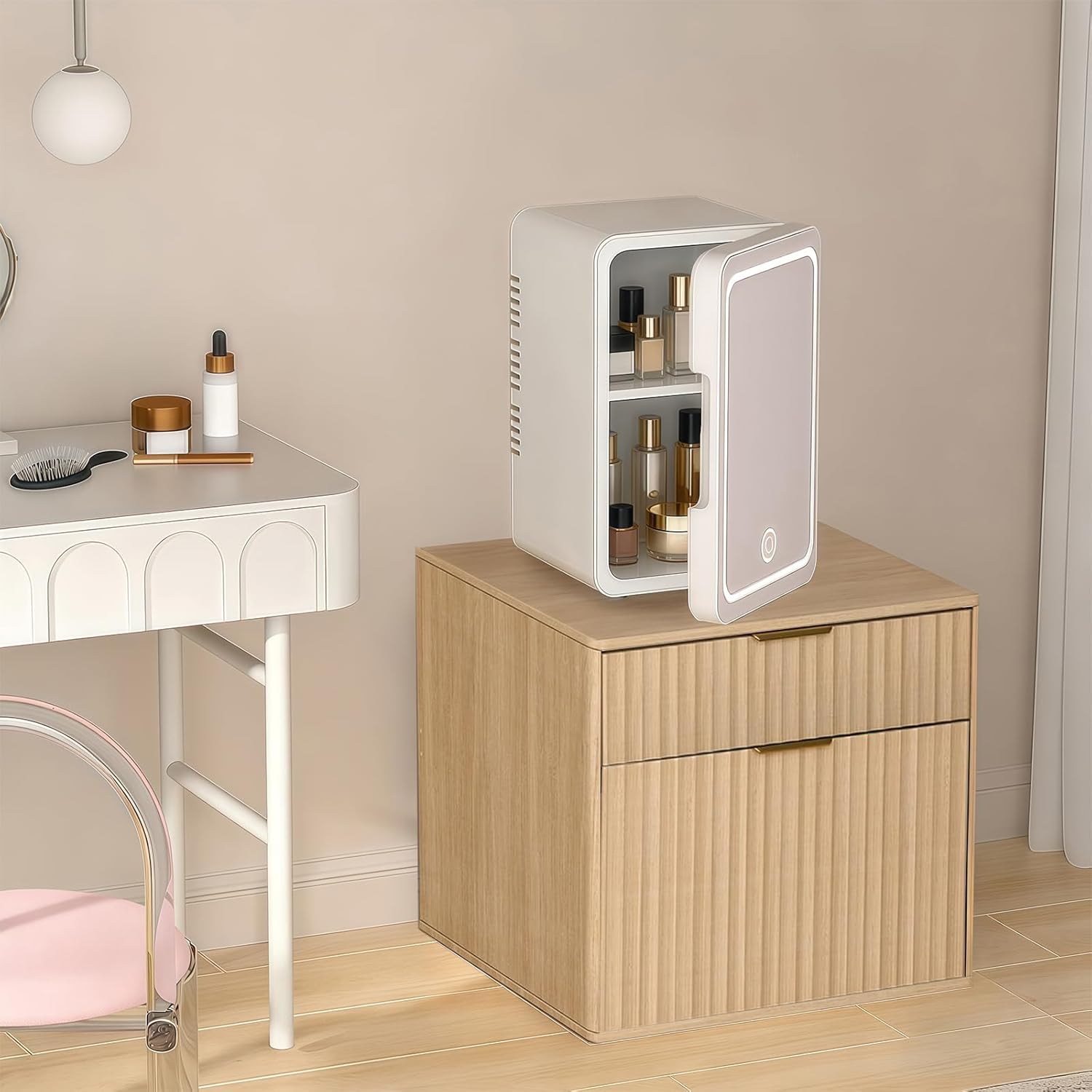 Mini Fridge Stand with Storage，Small Refrigerator Stand with Wooden，Mini Fridge Table with Drawer for Dorm, Apartment, Office, Bedroom，Hold 300LBS, Light Oak