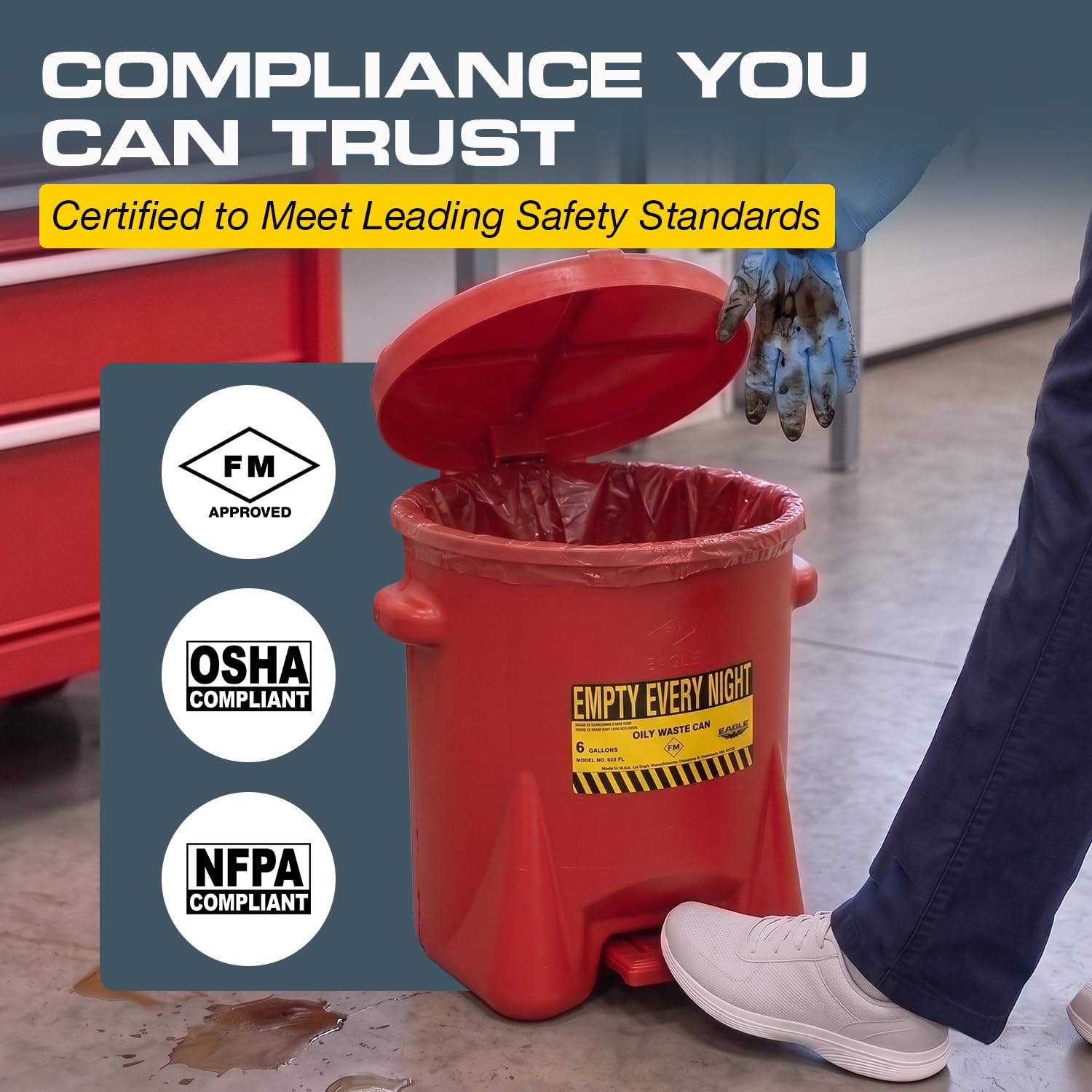 Eagle Oily Waste Can, Self-Closing Lid, 6 Gallon, Made in the USA, Red — Amazon image 4