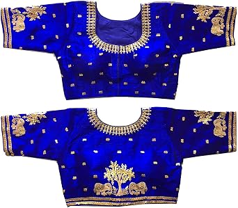 Phantom Silk Elephant Gold Thread Heavy Embroidery Sequins zari Work Saree Blouse Readymade for Women Royal Blue, 40