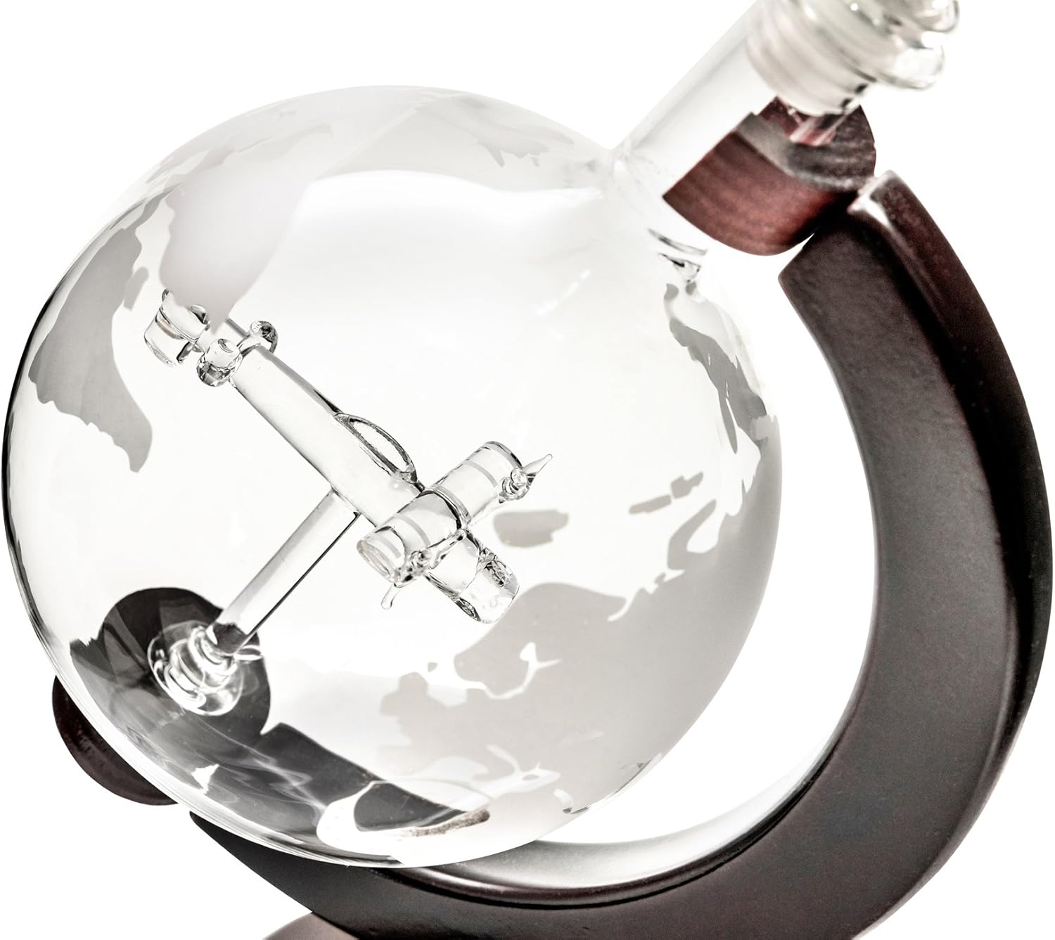 Large 50 Oz Handmade Vodka or Liquor Etched Globe Decanter Set with Wooden Stand and Bar Funnel (Wood Stand + Plane)
