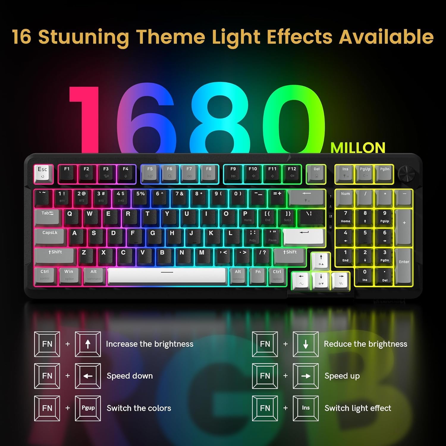 Redragon K742 Tastiera Meccanica Wireless, Gaming Custom Keyboard Gasket con 98 Tasti, Hot-swap, BT/2.4G/USB-C, Interruttore Lineare, QWERTY Layout, Retroilluminazione RGB, per Win/Mac/PC