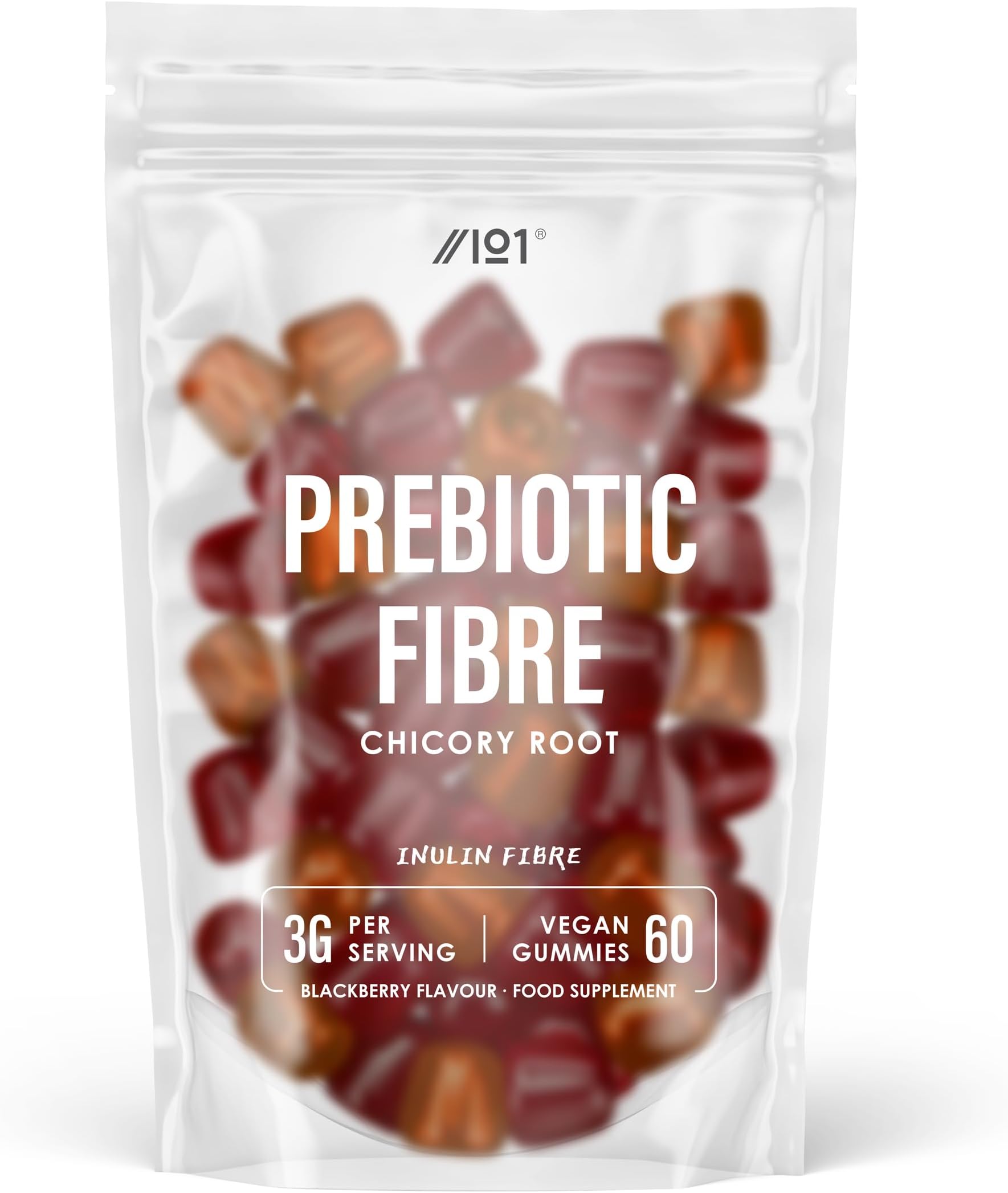 Prebiotic Fibre Gummies - 3g - Chicory Root Inulin, BlackBerry, Strawberry & Peach Flavour - Kosher, Halal - 60 Vegan Gummies.