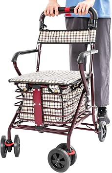 Foldable Rollator Walker with Seat 6-Wheel Lightweight Mobility Aid bis 330 lbs with Dual Brake Safety & Large Basket Walking Frame with Storage for Seniors or Disability Black-Wine Red