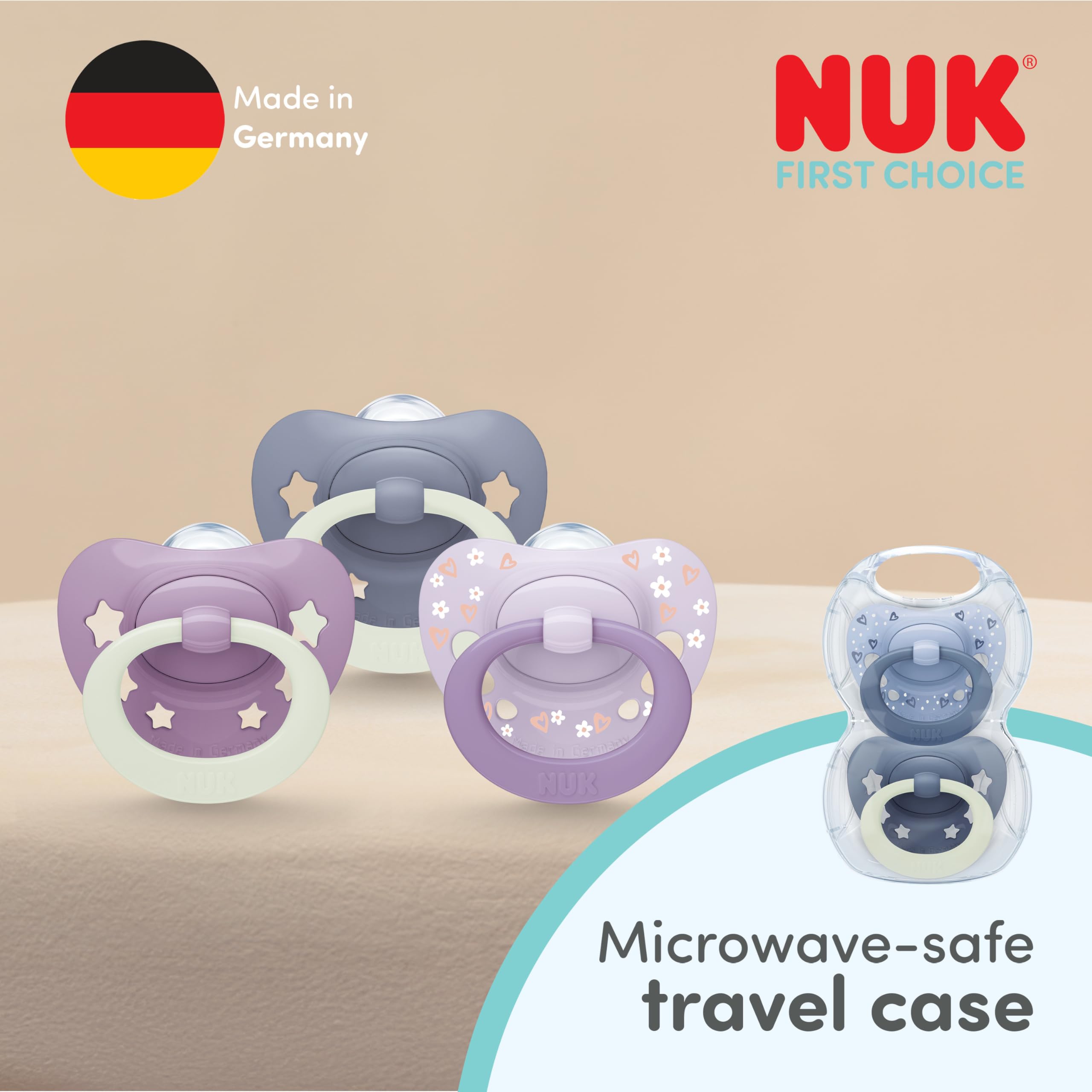 NUK First Choice Classic Night Smoczki dla niemowląt | 6-18 miesięcy | Ortodontyczne smoczki świecące w ciemności | 95% akceptacji przez niemowlęta** | Niebieskie | 4 sztuki