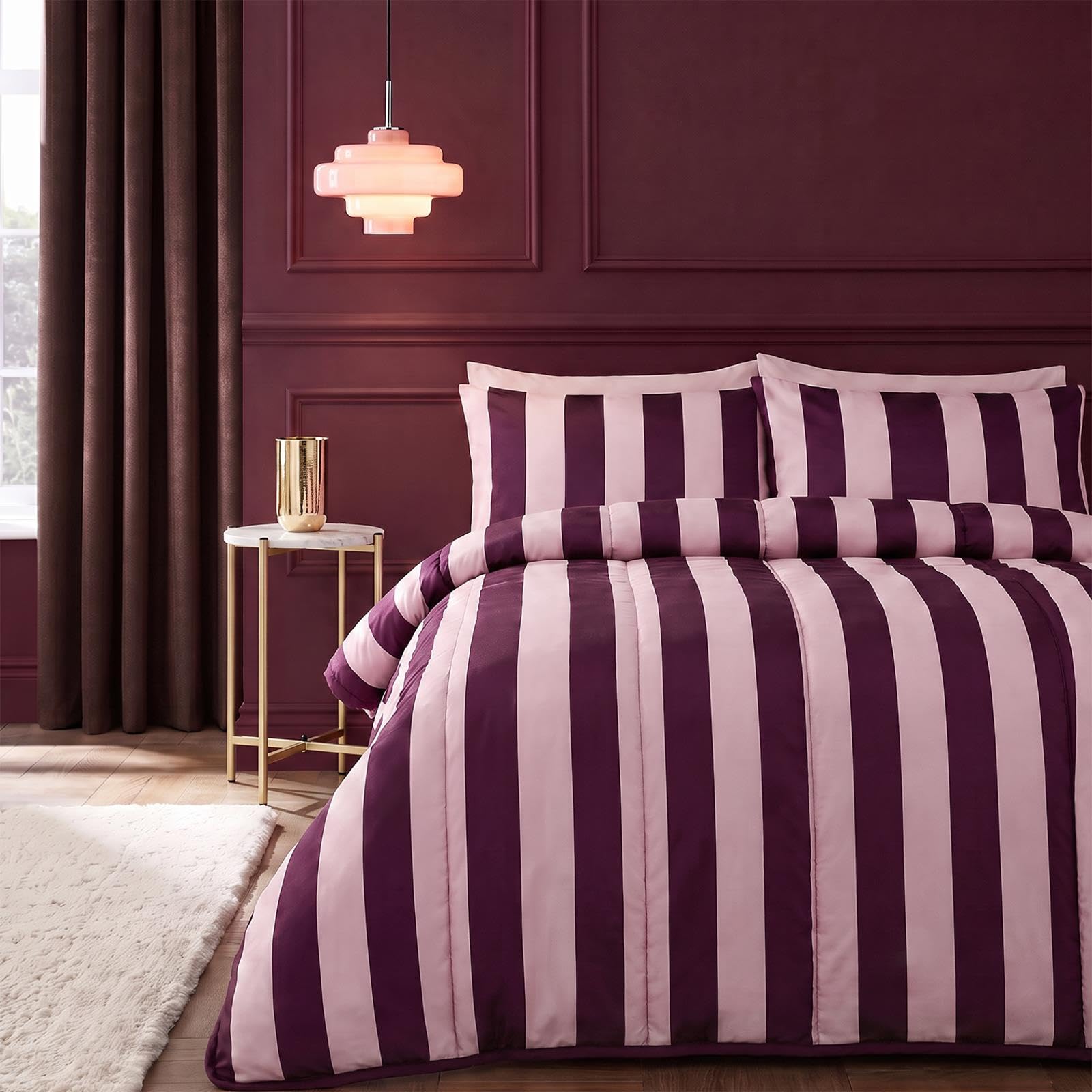 OHS Coverless Duvet King Size, 10.5 Tog Stripe Bedding - Burgundy/Blush