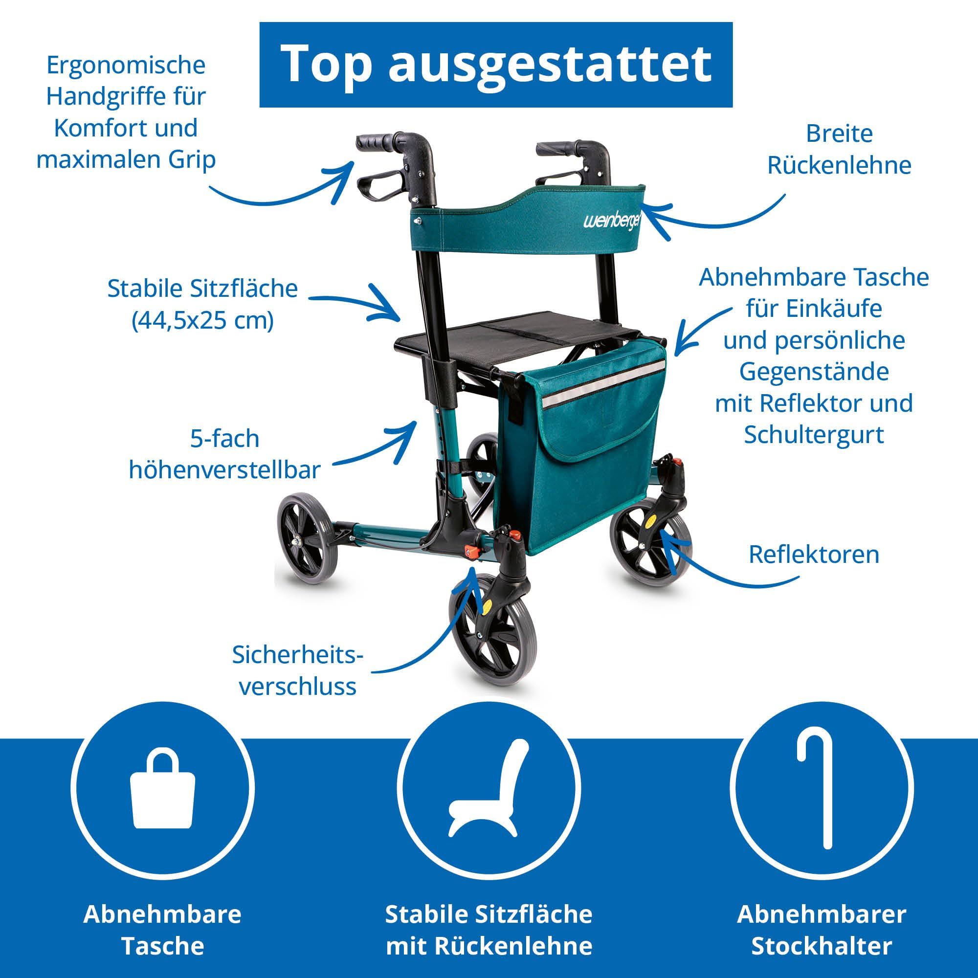 Weinberger Rollator faltbar und leicht mit Sitz | Tasche, Stockhalter, Griff, klappbar für alle Gelände | Höhenverstellbarer Indoor & Outdoor Rollator für Senioren | Gehhilfe, schmal, petrol