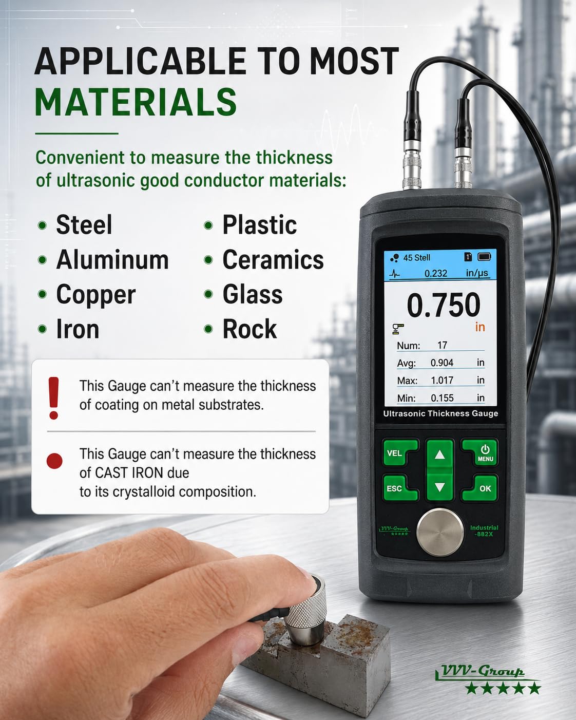 Ultrasonic Thickness Gauge Industrial-882X / Steel, Metals, Plastic, Glass, PVC, Pipes Thickness Gauge Meter – Range 0.039 to 11.811 inch (1-300mm) | Color LCD (All Material)
