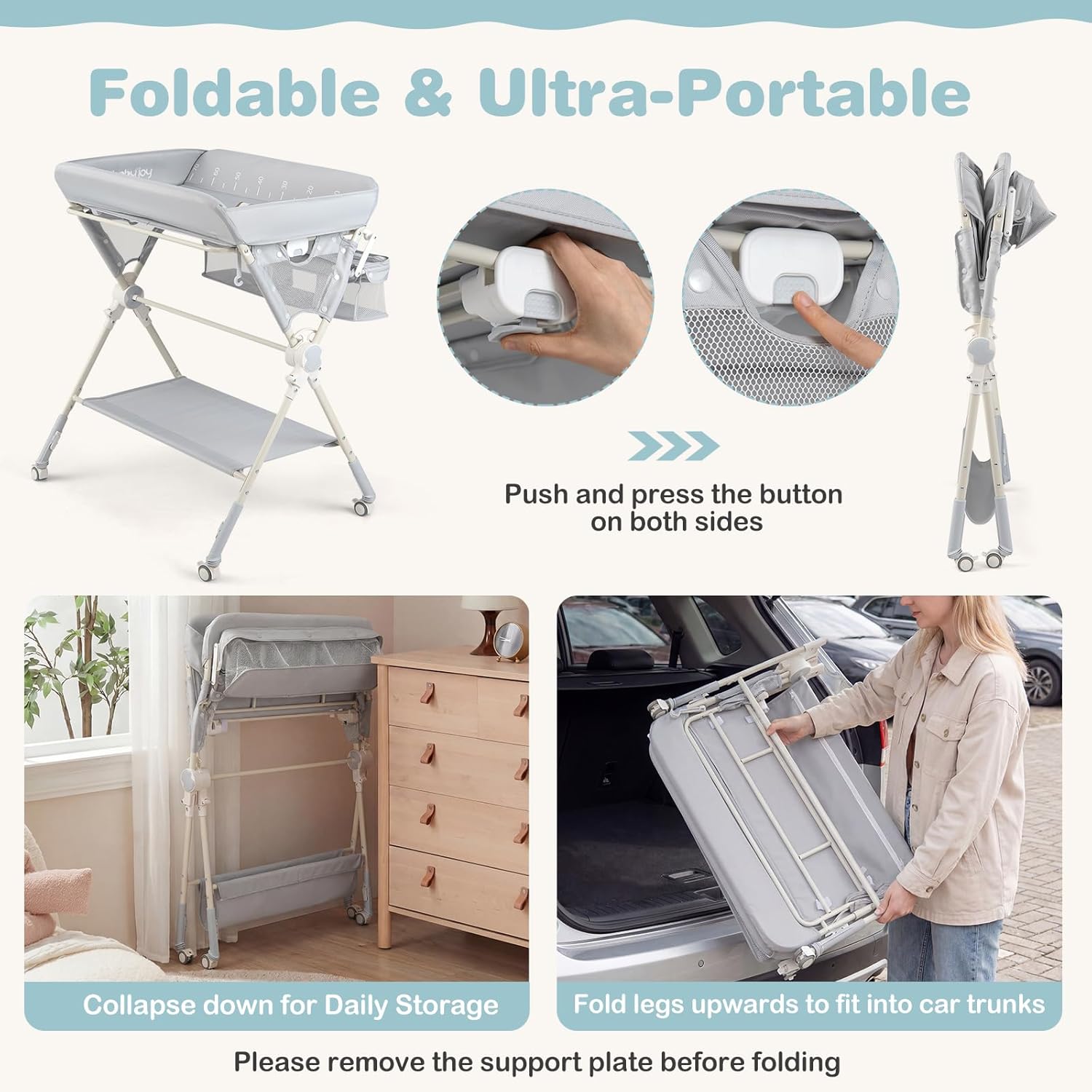 BABY JOY Portable Baby Changing Table, Foldable Diaper Changing Station with Wheels, Adjustable Height, Large Storage Rack, Removable Activity Arch, Mobile Nursery Organizer for Newborn Infant (Gray)