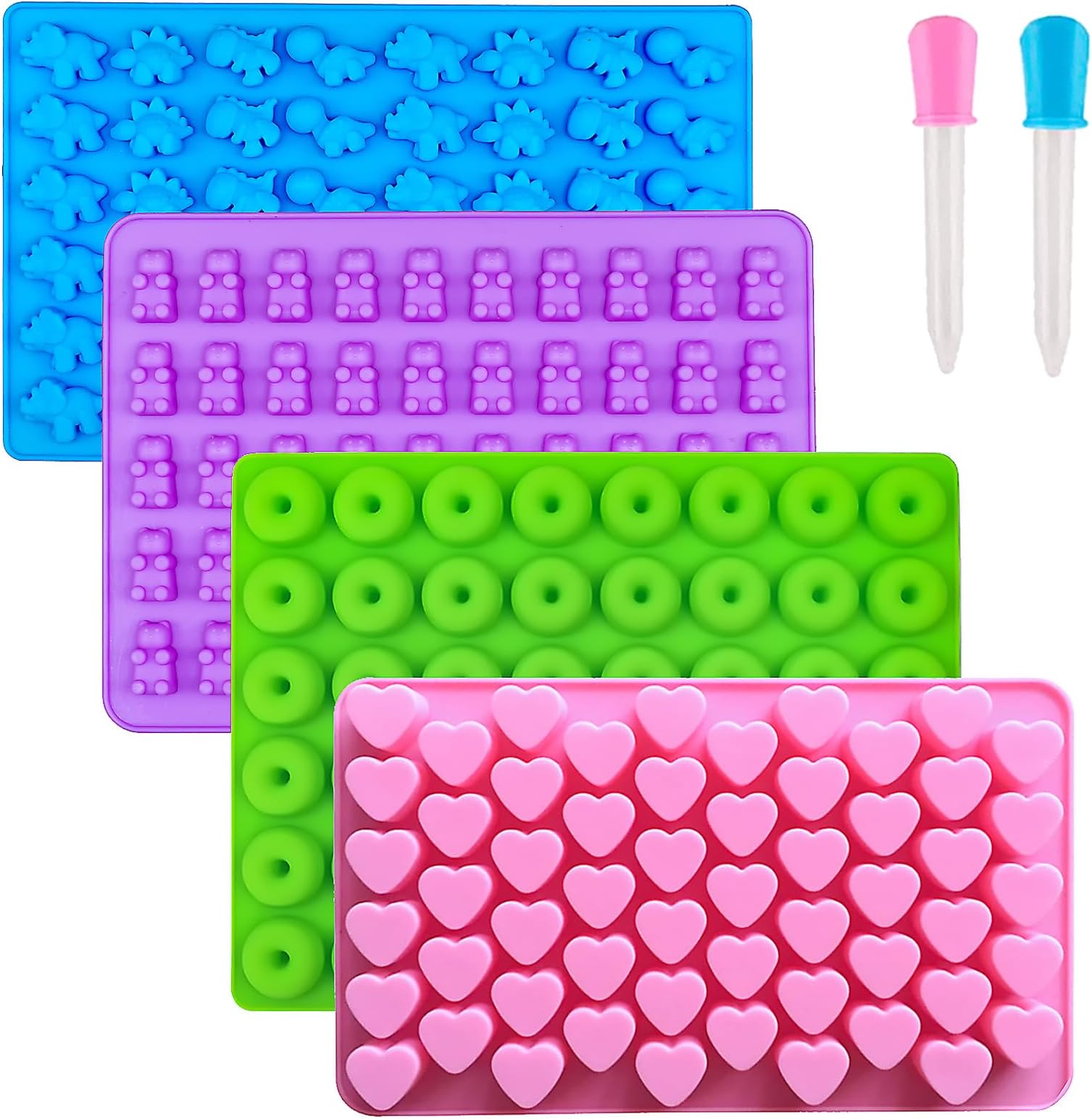 Warm TIME Silicone Gummy Bear Candy Molds, 4 Pack with 201 Cavities, Multi-Shape (Dinosaur, Bear, Heart, Mini Donut), Non-Stick, BPA Free