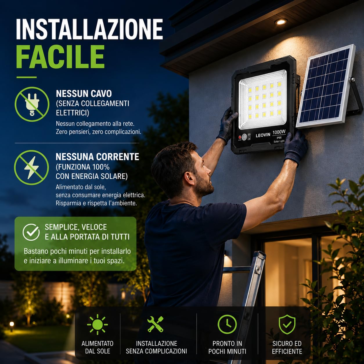 Generico Faretto Solare LED 1000W con Pannello Solare Esterno, Sensore di Movimento PIR, Telecomando, Batteria 5400mAh, 144 LED Alta Luminosità, Impermeabile IP66 per Giardino, Cortile, Garage