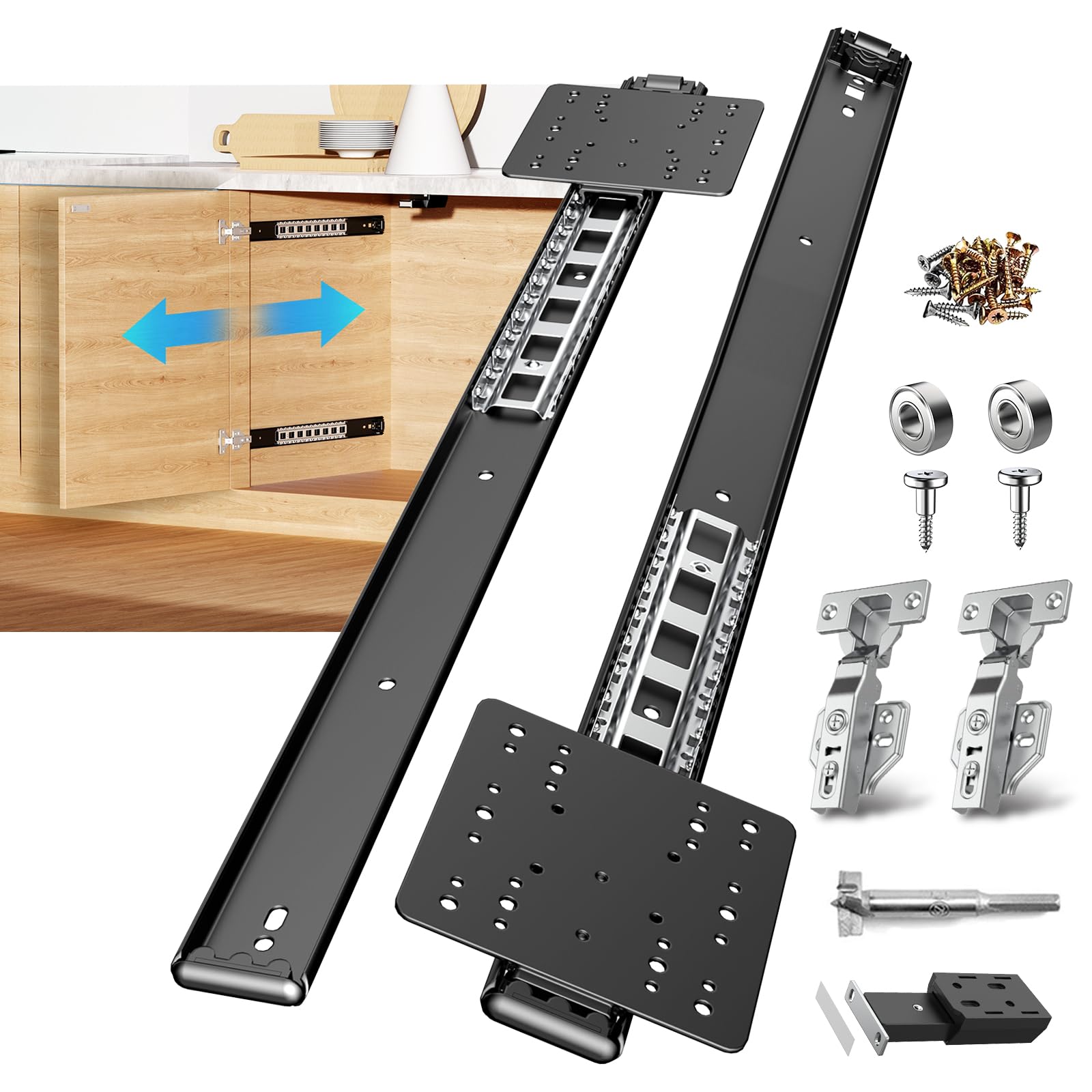 Pocket Door Slides, Cabinet Pocket Door Slide,Pocket Door Hinge,Cabinet Pocket Door Hardware Kit Fit,Pivot Door Slide Hardware Inset,with Magnetic Push-Pull Latch,for Cabinet Door (2PCS, 22in)