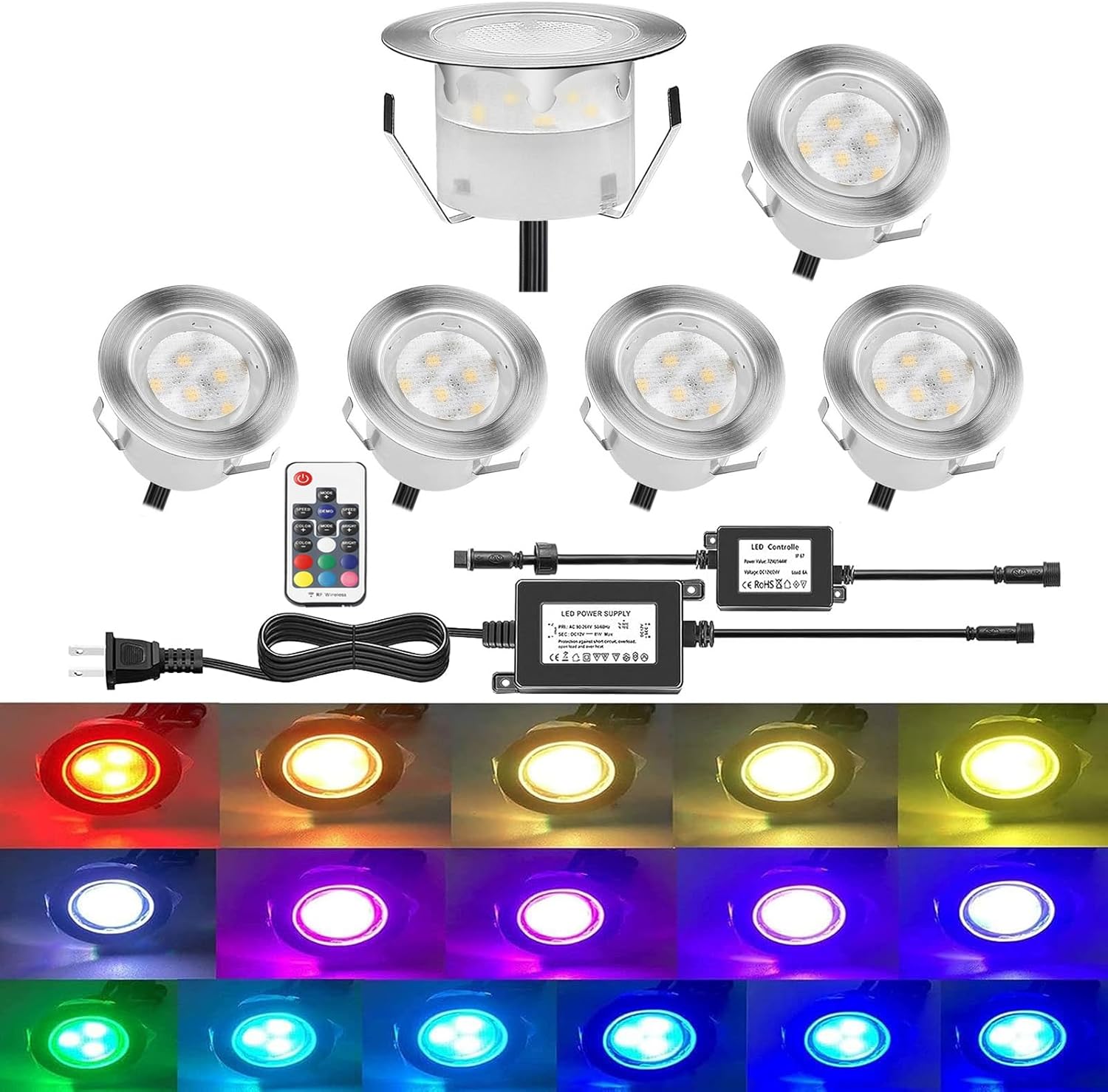 QACA 6pcs Low Voltage LED Deck Lights Kit Multicolor RGB Stainless