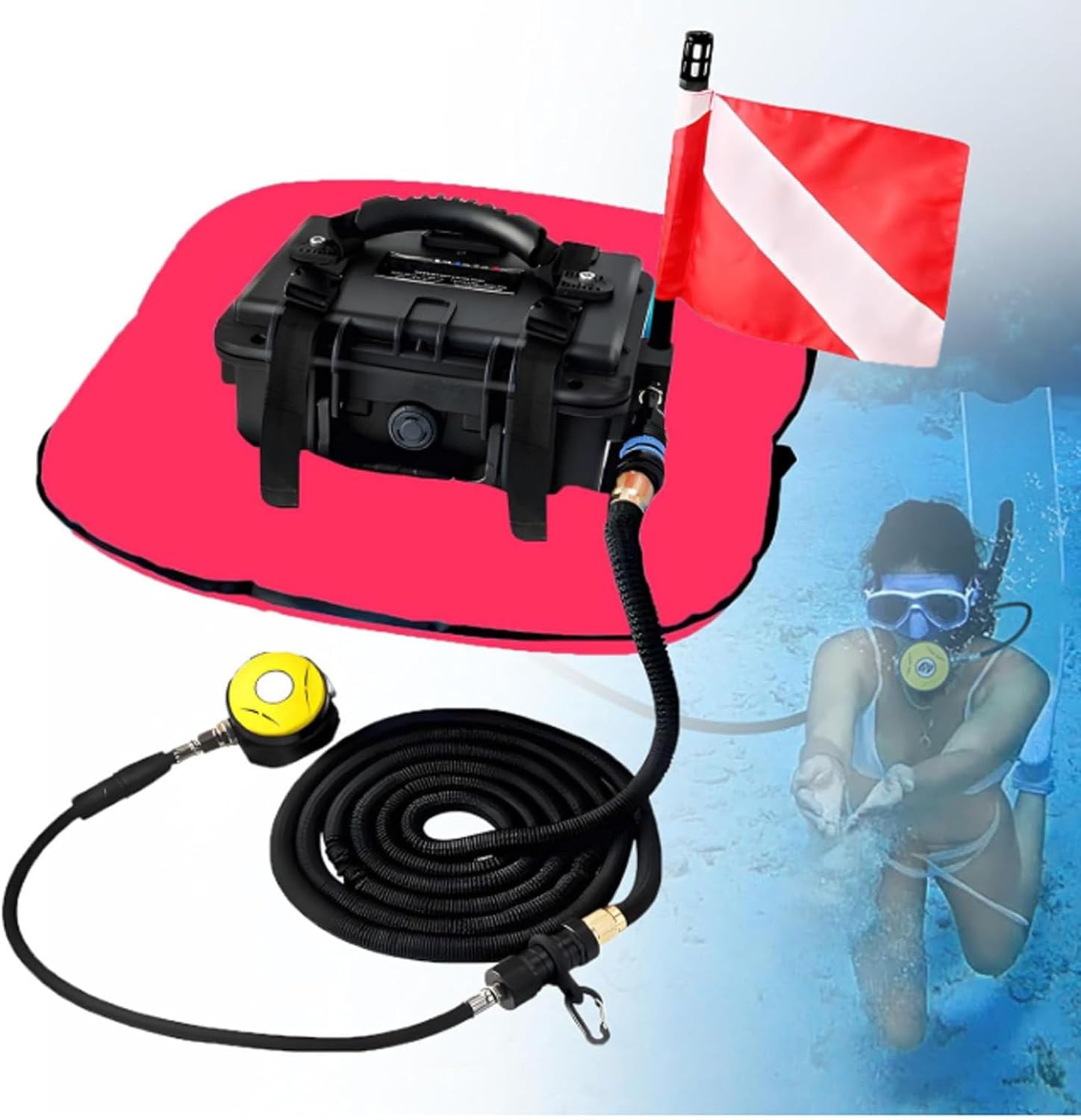 Scuba Diving Ventilator, 60-70Min Rechargeable Scuba Diving Tank with Detachable Hose and Diving Breathing Regulator, Explore 9m Depths for Recreational Diving & Fishing Red-1Battery