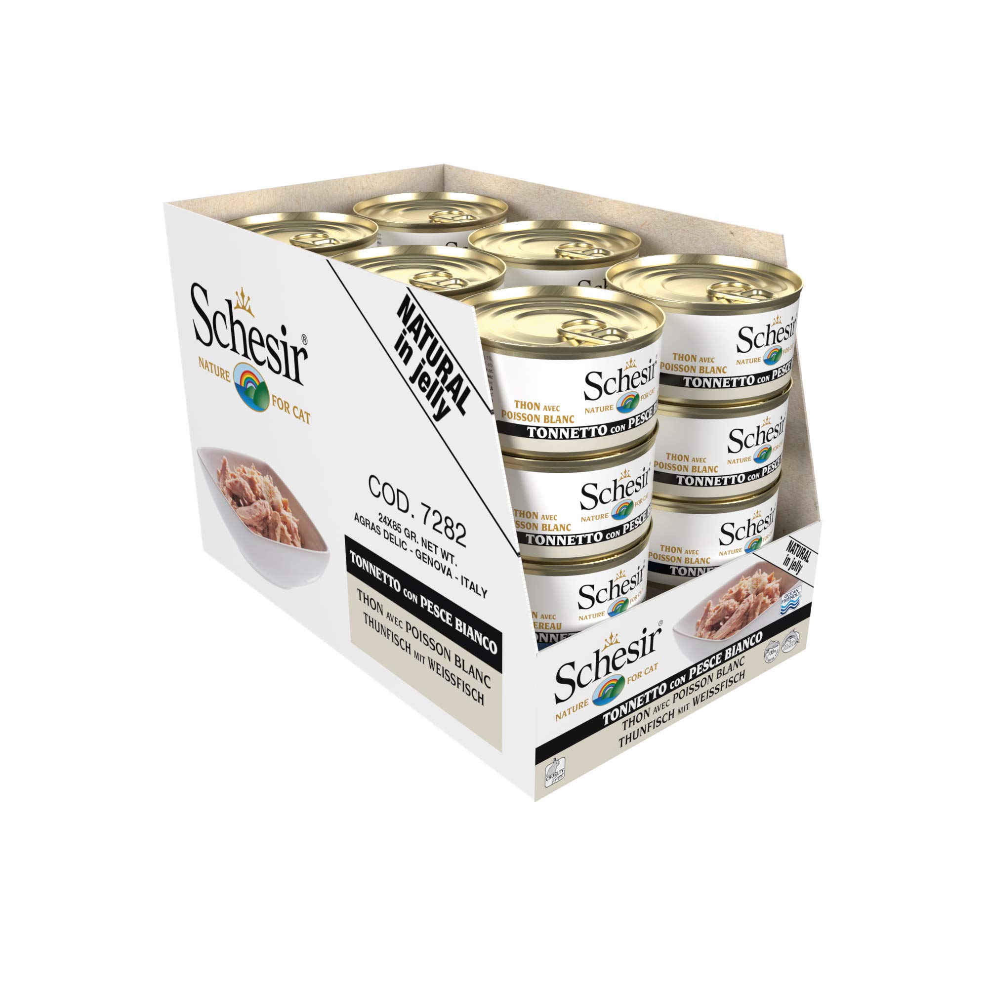 Schesir, Cibo Umido per Gatti Adulti al Gusto Tonnetto con Pesce Bianco, Filetti in Morbida Gelatina - Totale 2,04 kg (24 Lattine da 85 gr)