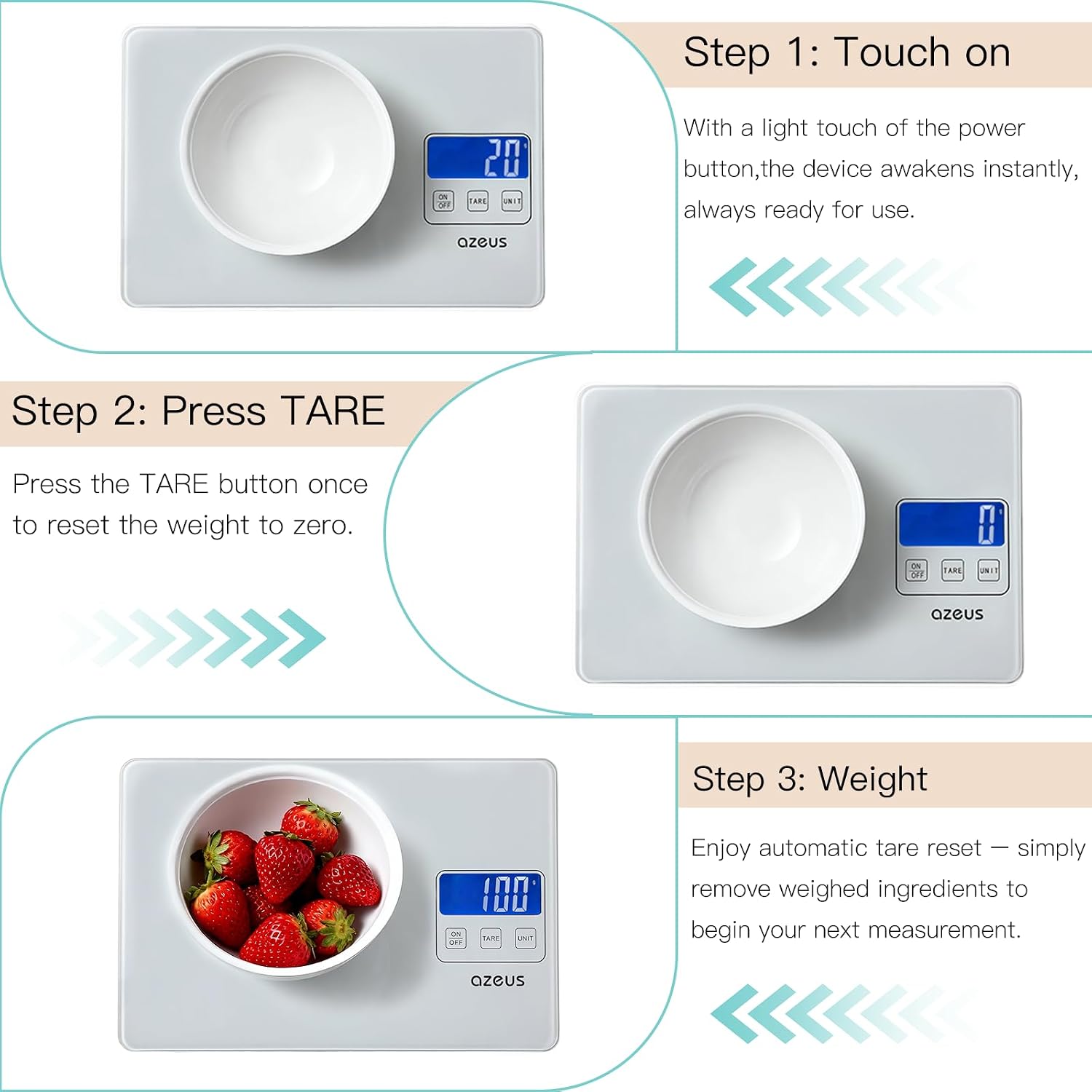 Three-step illustration of using the tare function on the AZEUS Digital Kitchen Scale