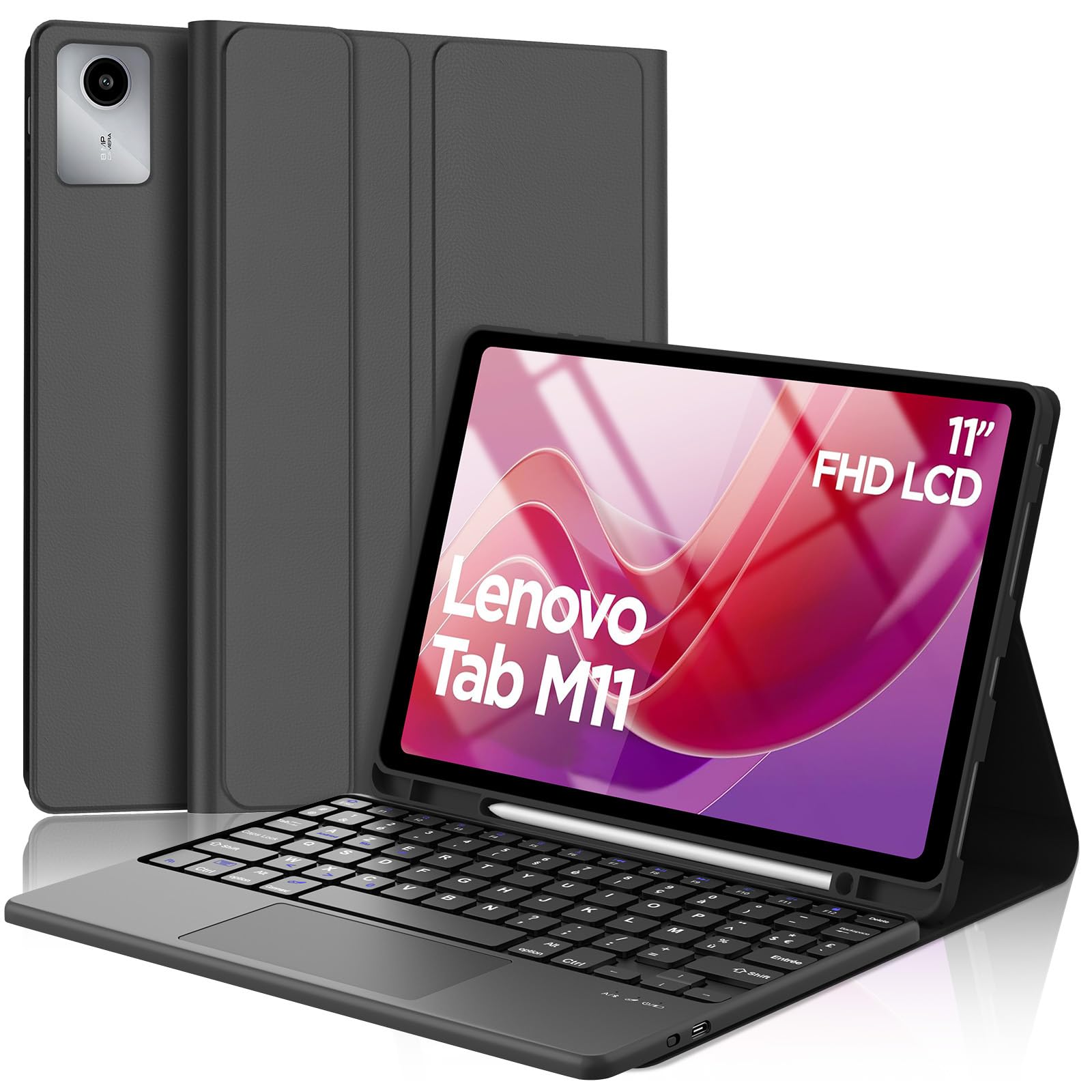 FOGARI Clavier pour Lenovo Tab M11 11" 2024, AZERTY Français Pavé Tactile Clavier Bluetooth sans Fil, Intelligent Housse pour Lenovo Tab M11 Tablette TB-330XU/330FU - Noir