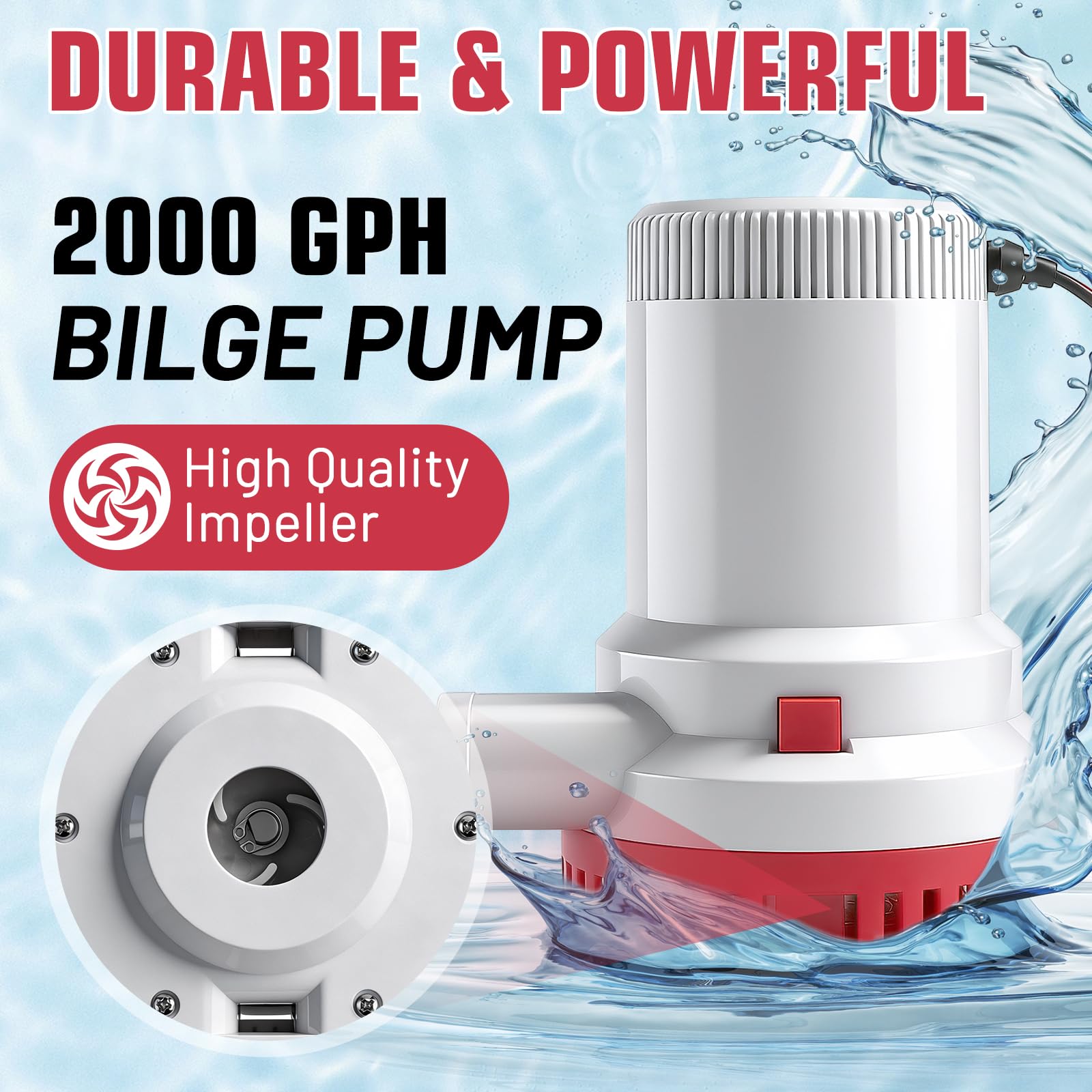 Bomba de Achique 12V 2000GPH, Bomba de Cuña Eléctrica de Barcos, Bomba de Agua de Sentina 29mm(1-1/8") Sumergible, Bomba de Agua Sumergible para Barcos, Yates, Caravanas y Jardines