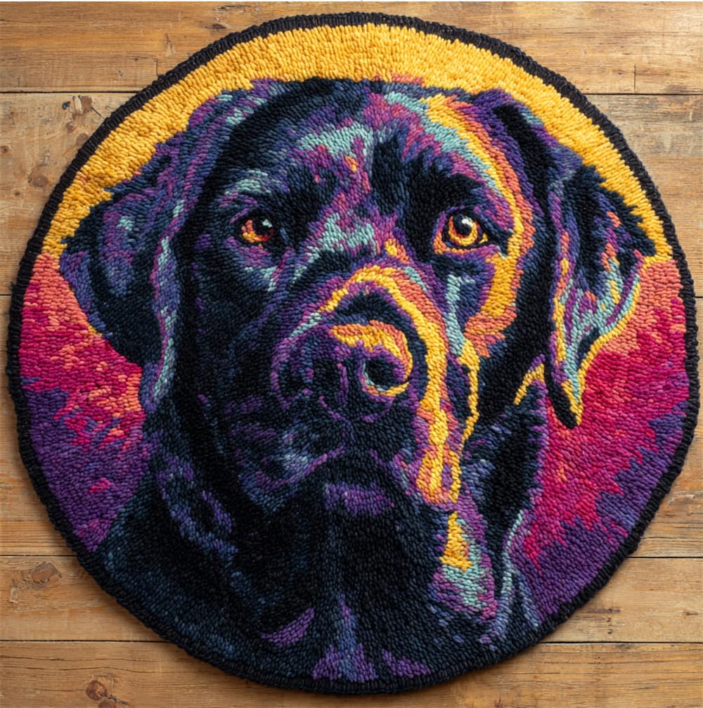 kitphoenix Rug DIY Crafts Yarn Carpet Round Shape Black Labrador 20X20Inch (50X50Cm) Latch Hook Rug Crochet Kits for Beginners Adults