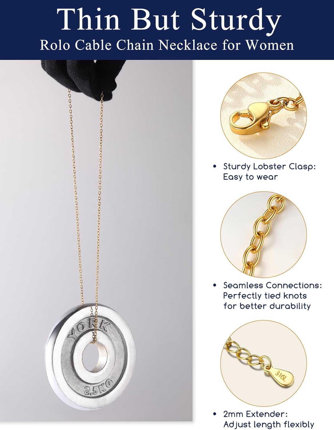 Suplight Stainless Steel Cable Chain Necklaces for Men Women 14K Gold/Black/Rose Gold Plated Cable Link Chains, 2mm Thin & Dainty & Sturdy Chains for Pendant 14"-30" Length - Image 6