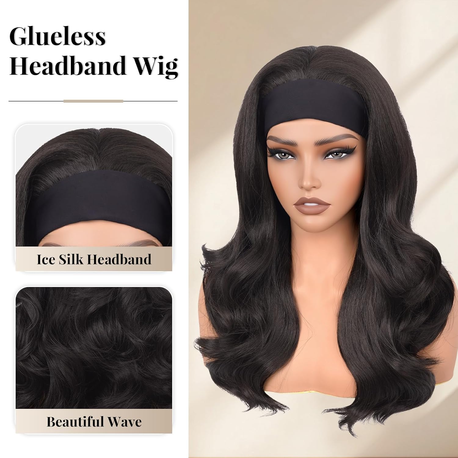 Headband Wig-Long Wave & Body Wave Half Wig, Synthetic Half Wig – Wear and Go Headband Wigs for Black Women, No Glue Hassle, Natural Texture, Perfect for Daily Glam & Parties,Black,#2,22in