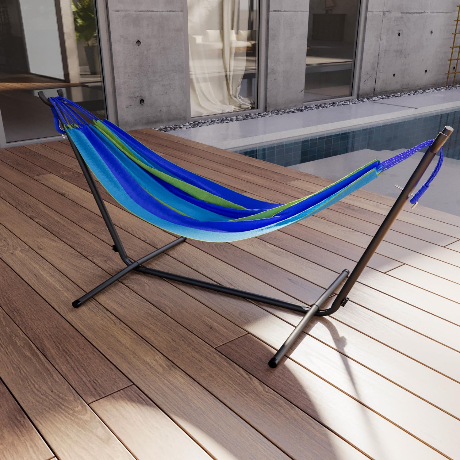 BRICOZONE Amaca con Supporto Brasiliana Tessuto Cotone 250 cm Portata 200 kg Autoportante Struttura di sostegno in Acciaio Borsa Custodia Trasporto Inclusa Spiaggia Campeggio Terrazzo Balcone (Blu)