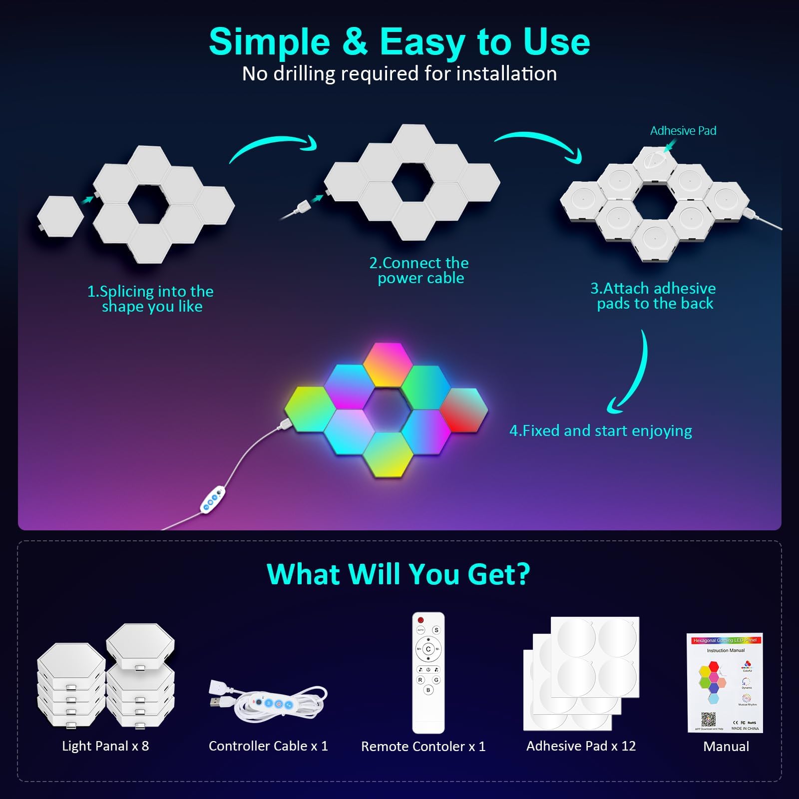 12 Pannelli LED Hexagon Luminoso, RGB Hexa Luci a Muro per Interni con APP, Cambia Colore a Ritmo di Musica, Lampade da Parete Esagonale per Gaming, Cameretta, Soggiorno, Sala Giochi