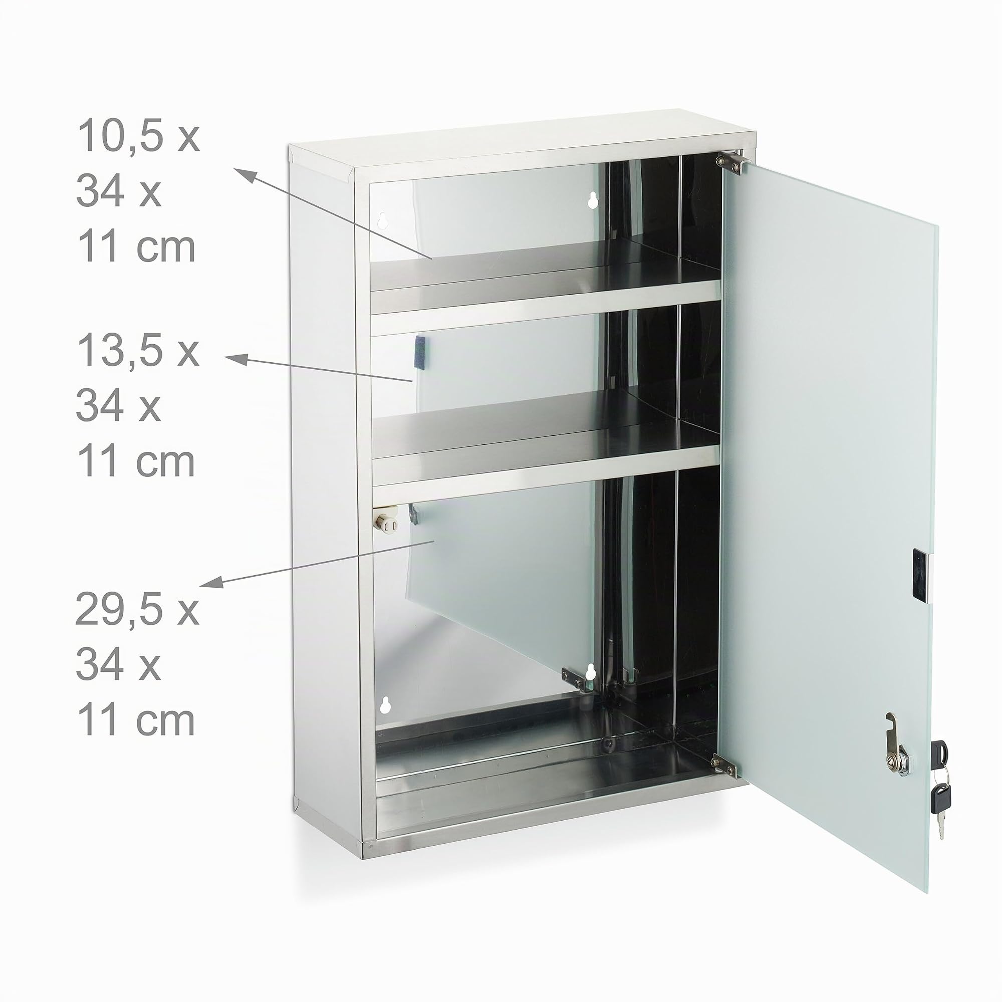Relaxdays Armoire à Pharmacie, 3 Compartiments, Peut être fermée à clé, H x L x P : env. 58 x 38 x 13 cm, argentée