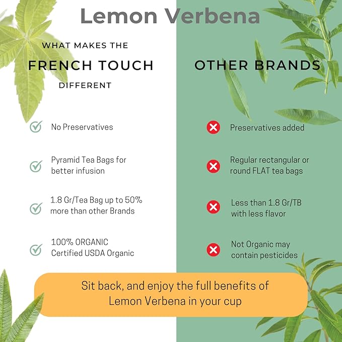 The French Touch Lemon Verbena Tea ORGANIC | 1.6g x 30 Pyramid Bags | 100% Certified USDA Organic | Plant based tea bags | Select Premium Tea | Caffeine-free
