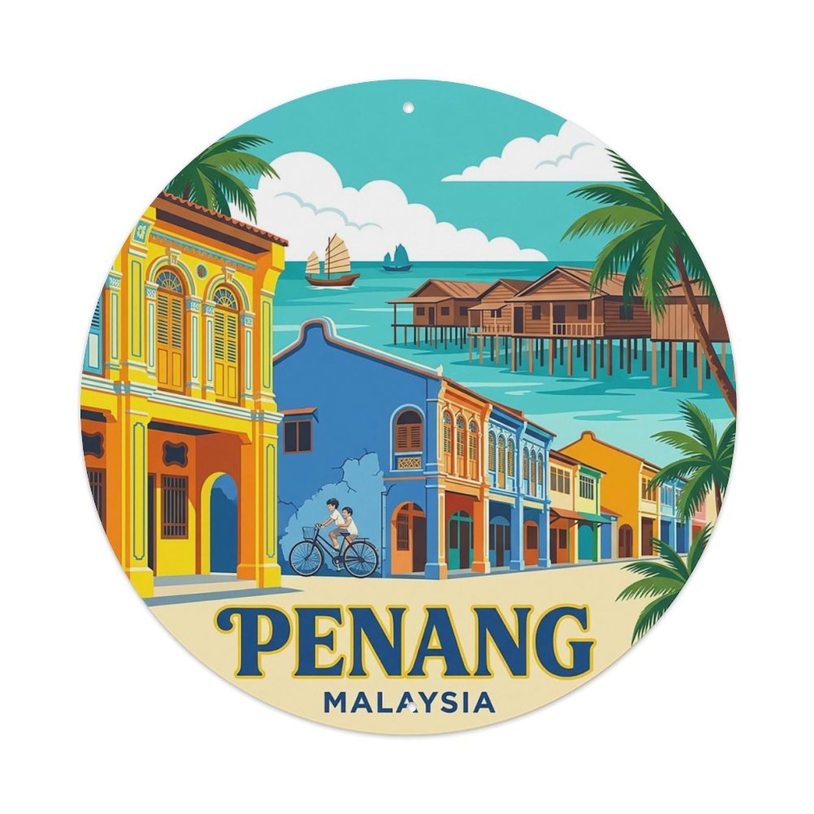 Retro Travel Malaysia Penang Vintage Metal Tin Sign Plaque Wall Decor for Cafe, Club Bar, Office, Garden Metal Poster 8x8Inch