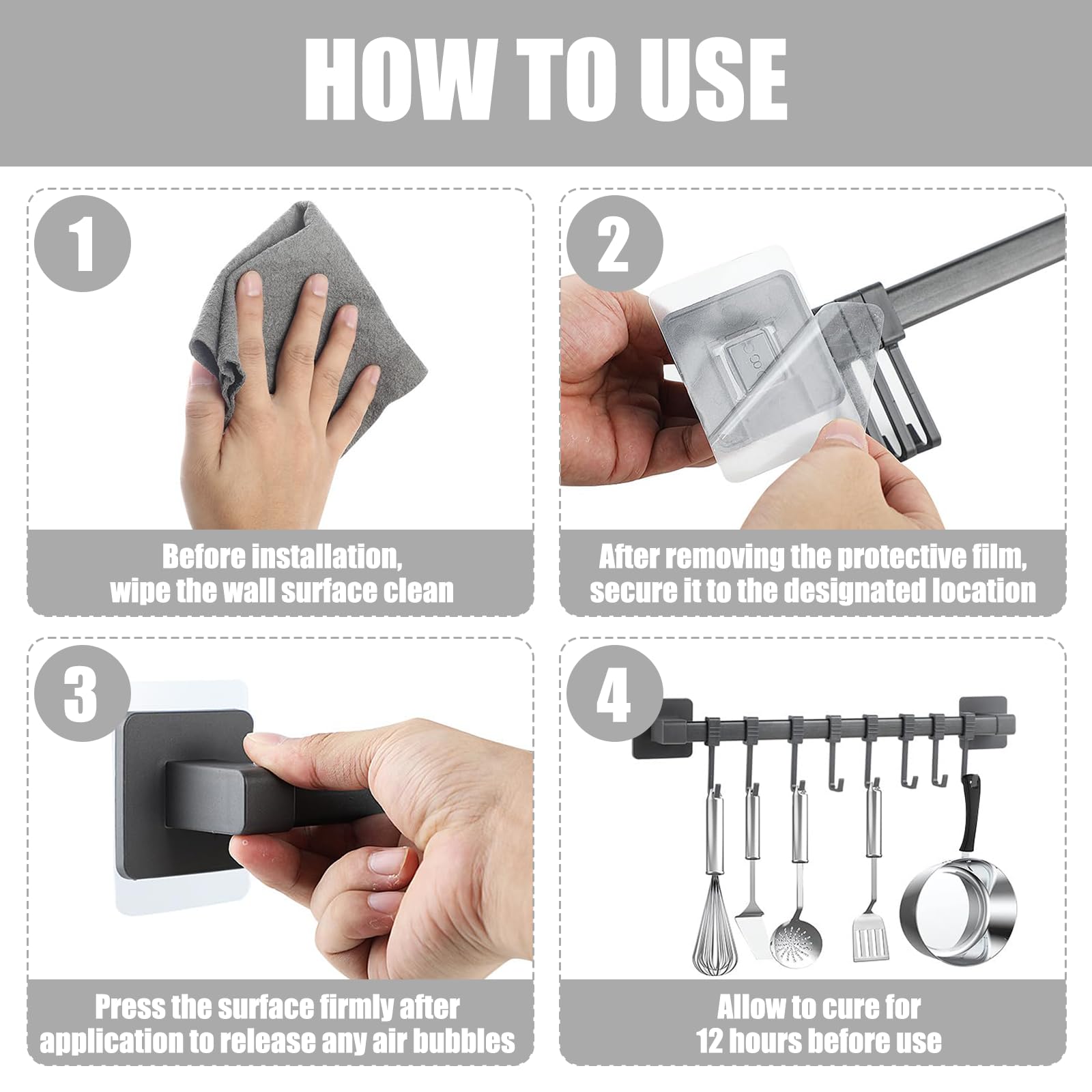 Ylinwtech Gancio da cucina senza foratura,Porta utensili da cucina autoadesivo,Porta mestoli da cucina,Per uso in cucina e bagno,8 ganci