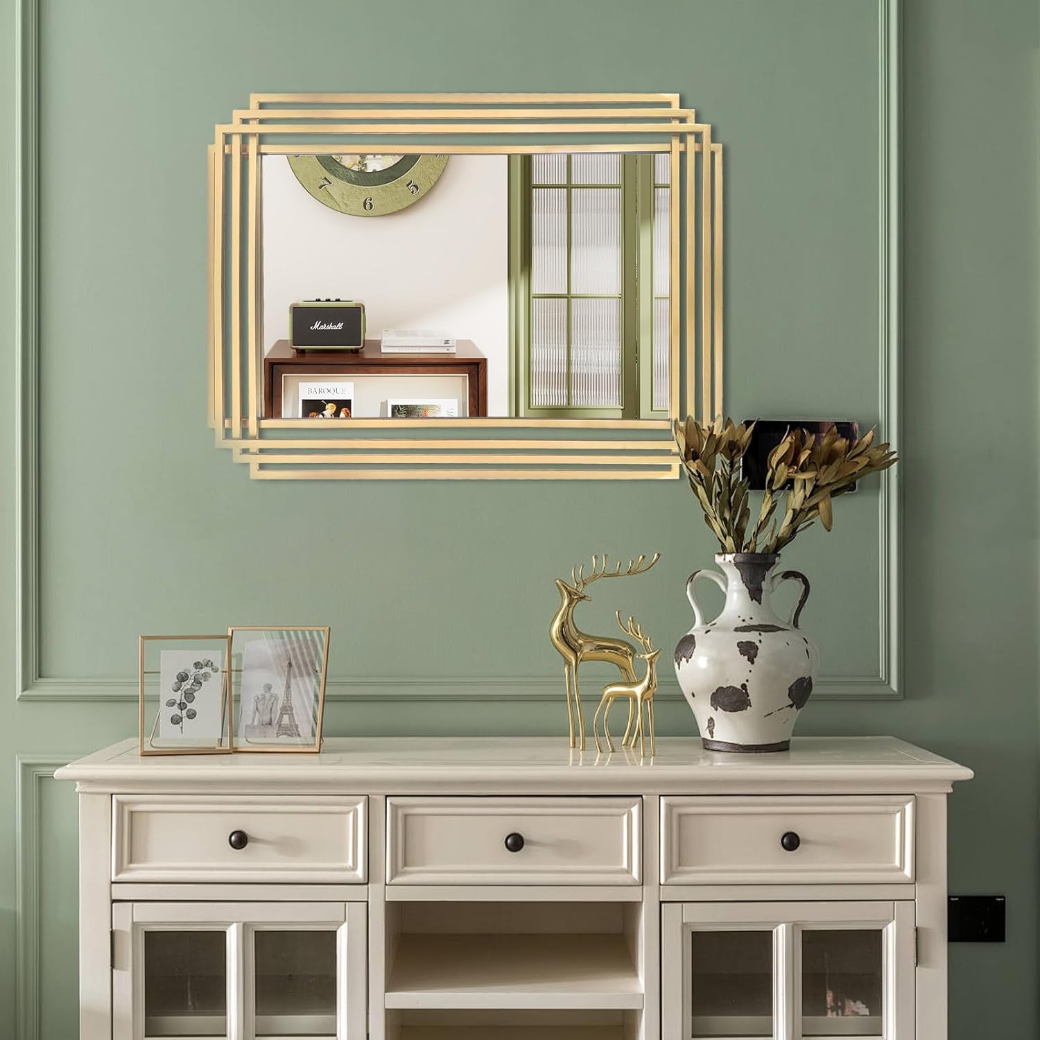Gold Rectangle Mirror, 24"x18" Modern Vanity Wall Mirror with Metal Mirror, Geometric Art Deco Mirrors for Living Room Bathroom Bedroom Entryway Hallway, Hangs Vertically or Horizontally