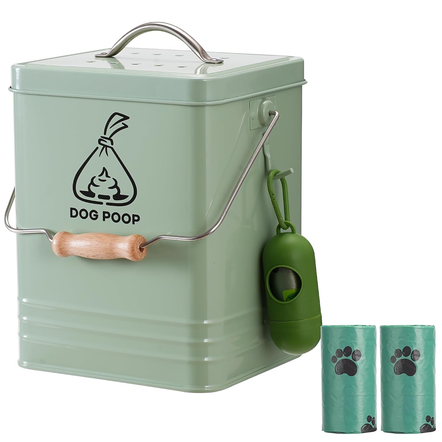 Dog Poop Trash Can Outside, Metal Pet Waste Trash Can with Lid & Handle, 5L/1.3Gal Dog Waste Station with Bag Holder & 30 Bags(Green)