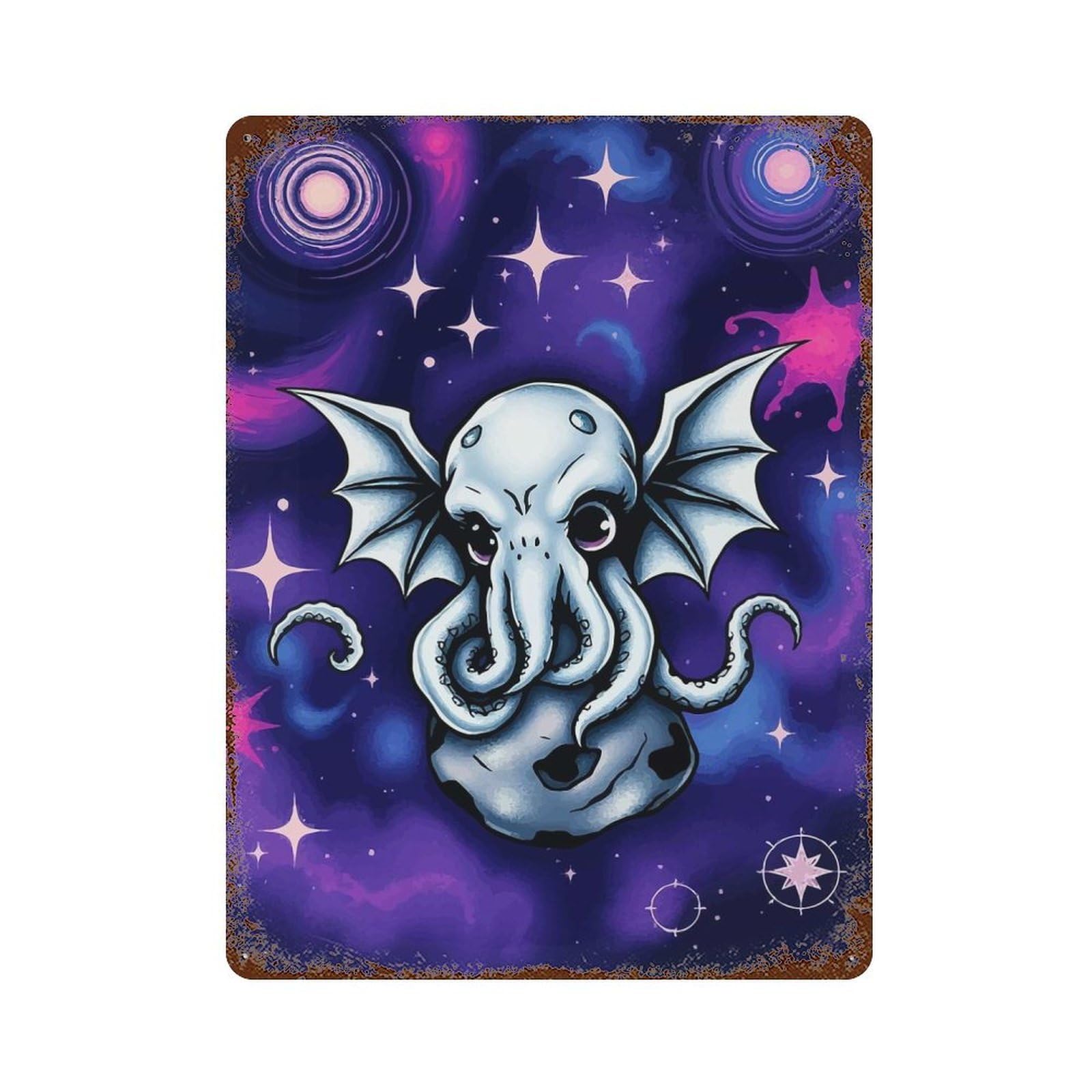 Garage Style Cthulhu Space Creature Rust Effect Tin Sign 15.7"x11.8", Industrial Home Decor for Bar And Workshop
