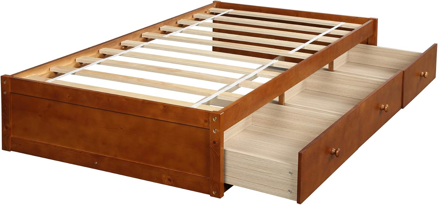 Danxee Twin Bed with Storage Platform Bed with 3 Drawers Captain Bed Frame (Oak)