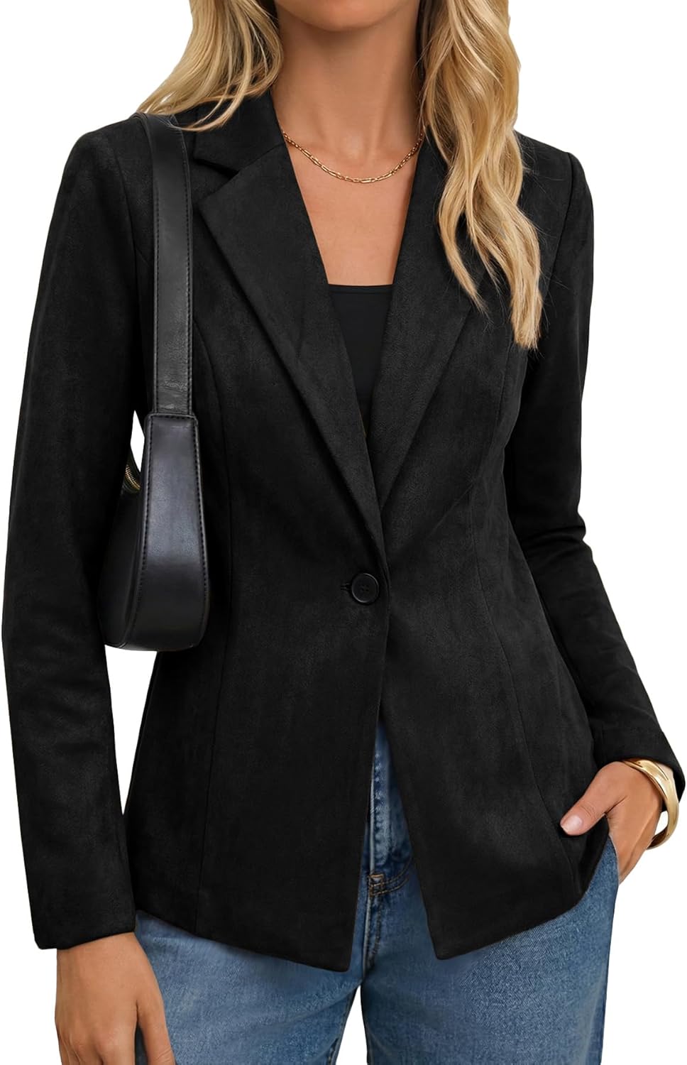 Mina Self 2026 Spring Women Suede Blazer - Long Lapel Collar One Button Business Casual Jacket Suit for Work Professional