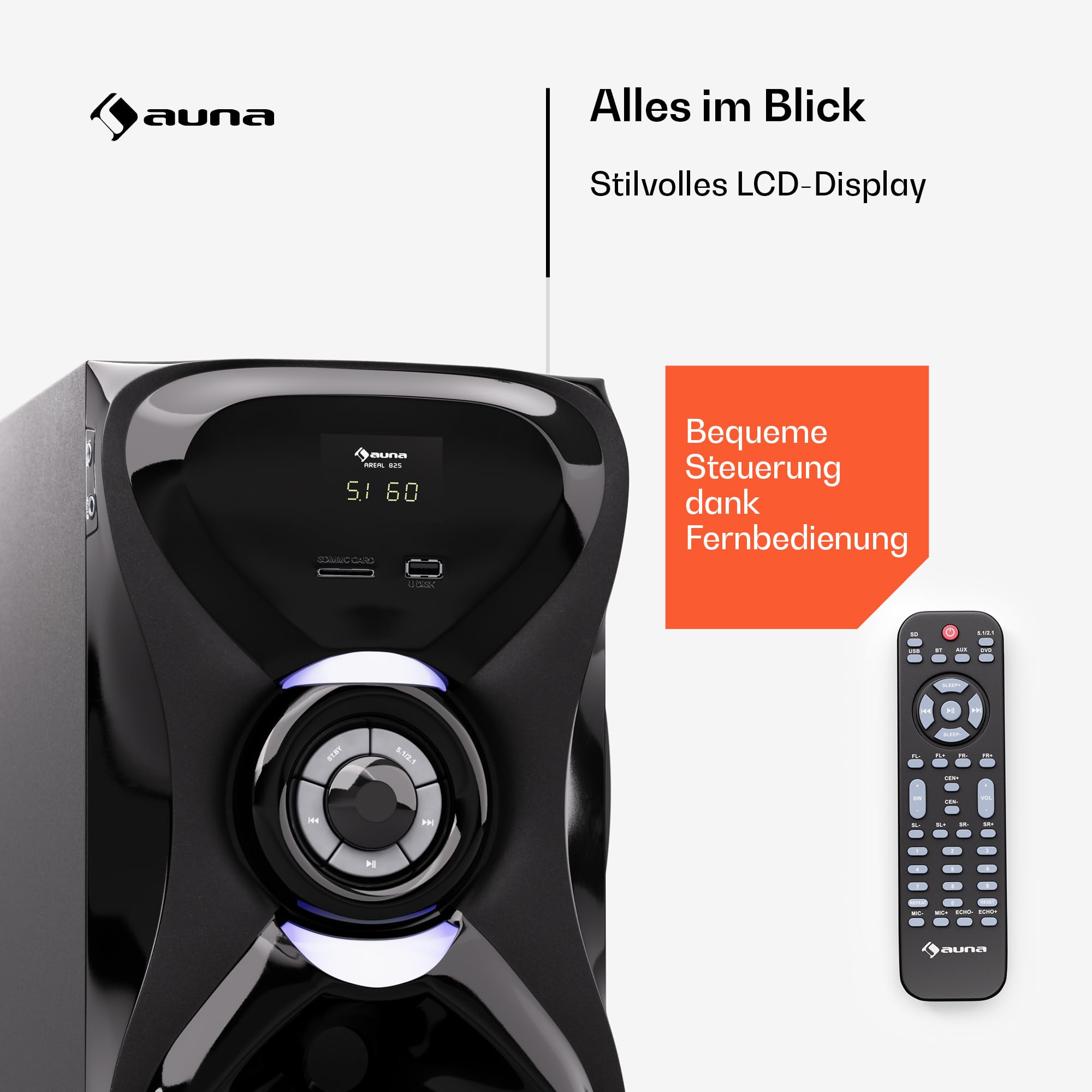 auna Areal 825 5.1 Soundsystem Kabellos mit Bluetooth, 100-W-Subwoofer und RGB-Beleuchtung - USB-/SD-Anschlüsse, AUX und Optischer Eingang, Heimkino-Lautsprecher mit Fernbedienung