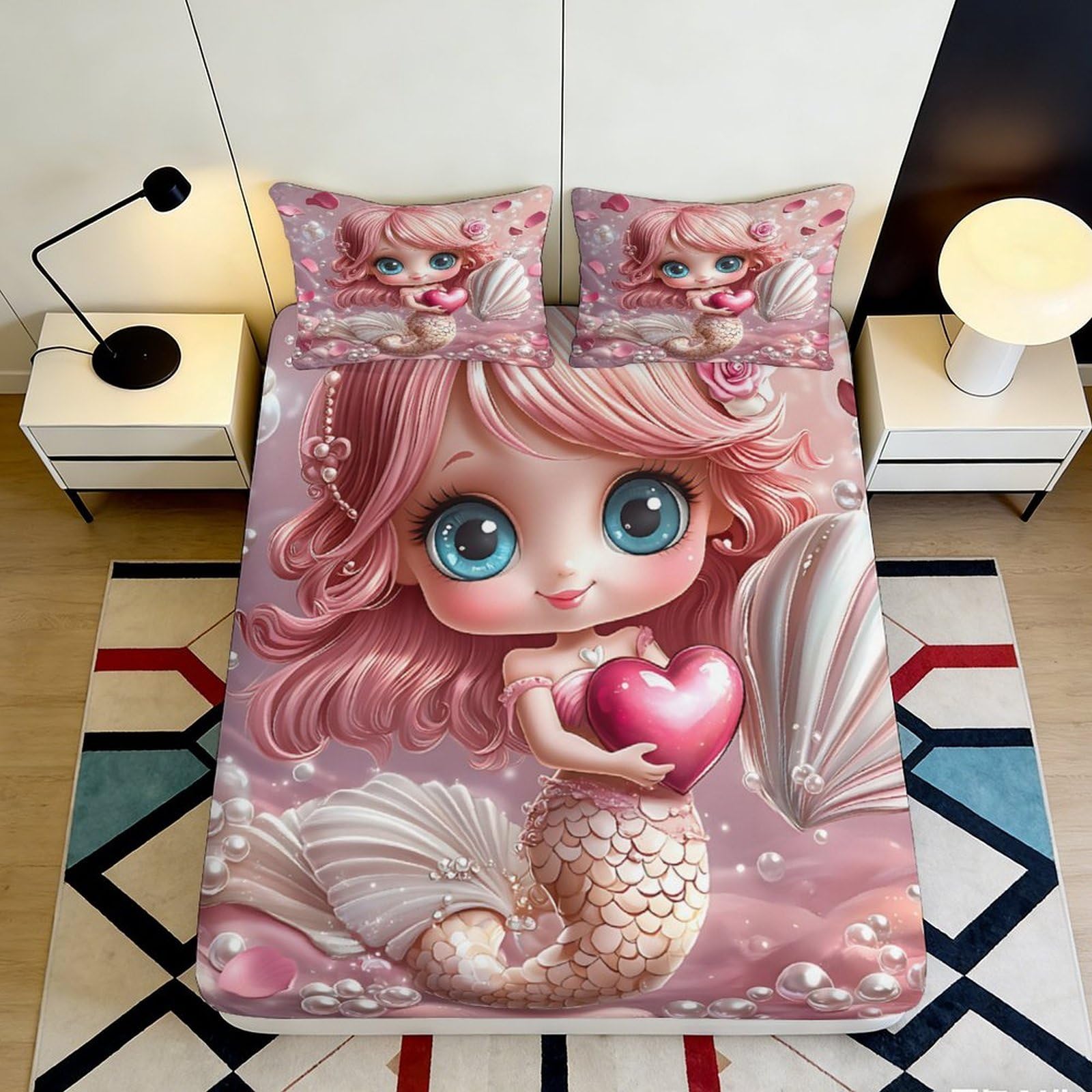 3D Printed Cute Mermaid Fitted Sheet Microfiber Deep Pocket Non-Slip Bedroom Bedding Mermaid Mattress Fitted Cover Washable for Home Adult 120x200x25cm