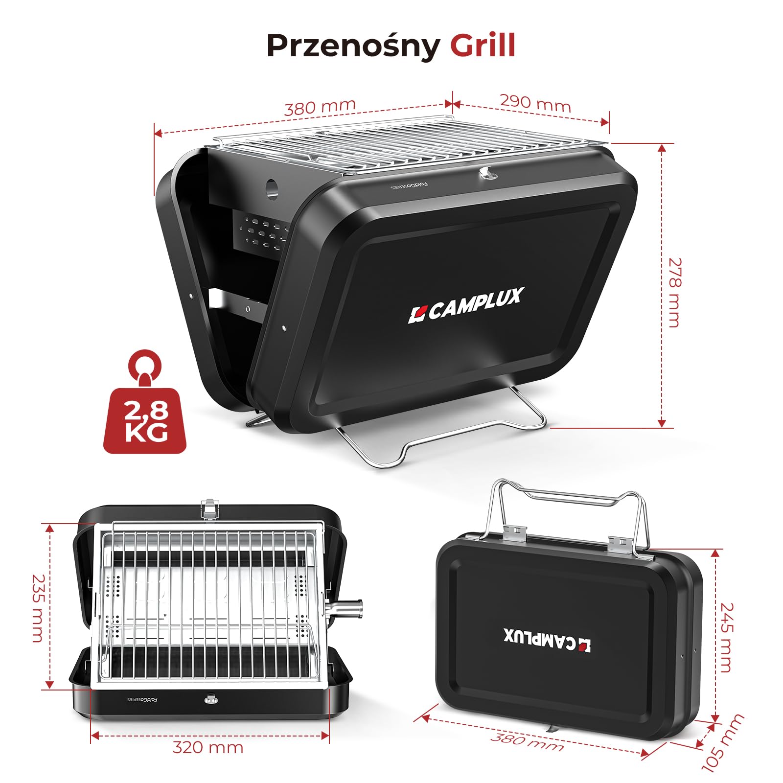 CAMPLUX FoldGo przenośny grill gazowy, 2-w-1 na gaz i węgiel, FG16GB