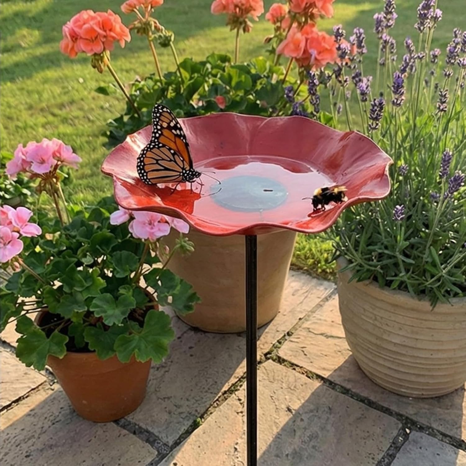 Metal Flower Stake with Build in Pollinators Drinking, Blue image 5