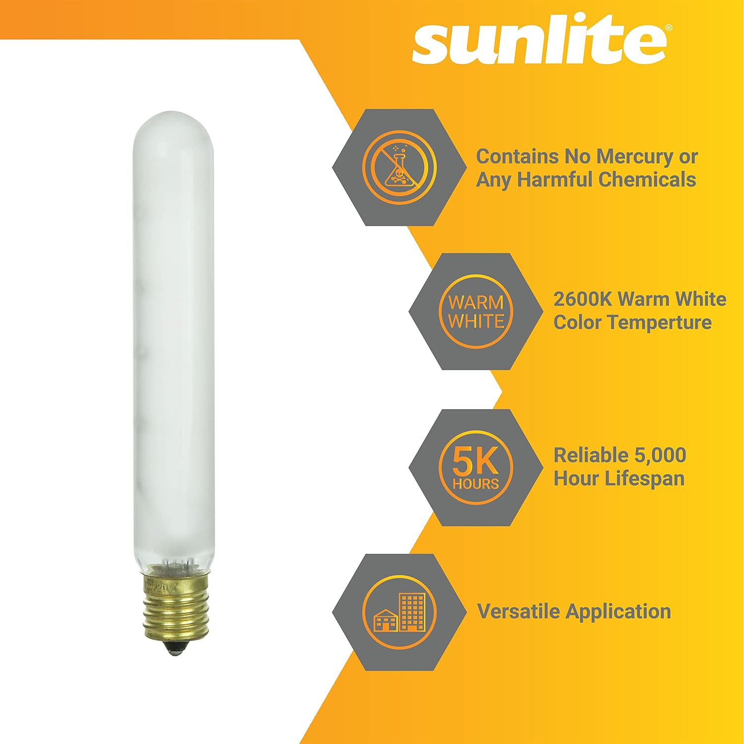 Sunlite 41720 Incandescent T6.5 Tubular Light Bulb, E17 Intermediate Base, 20 Watts, 80 Lumens, Dimmable, Mercury Free, Title 20 Approved, 2600K Warm White, Clear Glass, 25 Count