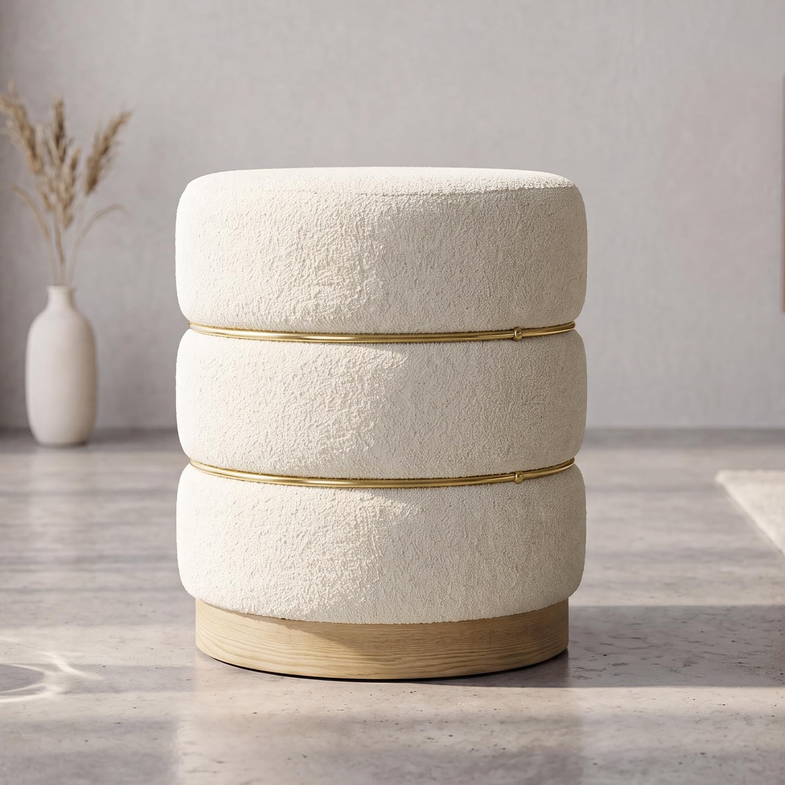 DAYALANE Cream Round Boucle Ottoman Upholstered Footstool with Wood Frame