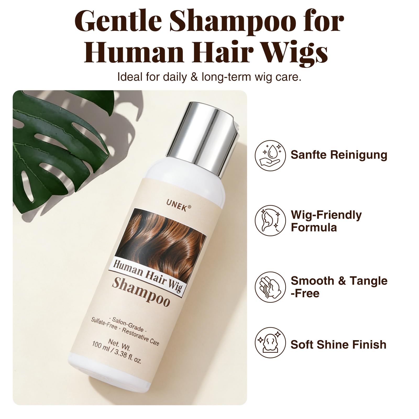 UNEK Champú para extensiones y pelucas de cabello natural: limpia, desenreda y suaviza, aporta brillo y volumen con sensación refrescante, para pelucas, extensiones, uniones y tupés, 100 ml
