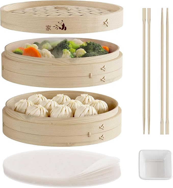 Prime Home Direct Bamboo Steamer Basket 12-Inch | 2-Tier Steamer for Cooking | 50 Liners, Chopsticks, Sauce Dish | Steaming Asian Food, Bao Buns, Chinese, Dim Sum, Dumpling, Rice, Vegetable Steam Pot