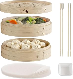 Prime Home Direct Bamboo Steamer Basket 12-Inch | 2-Tier Steamer for Cooking | 50 Liners, Chopsticks, Sauce Dish | Steaming Asian Food, Bao Buns, Chinese, Dim Sum, Dumpling, Rice, Vegetable Steam Pot